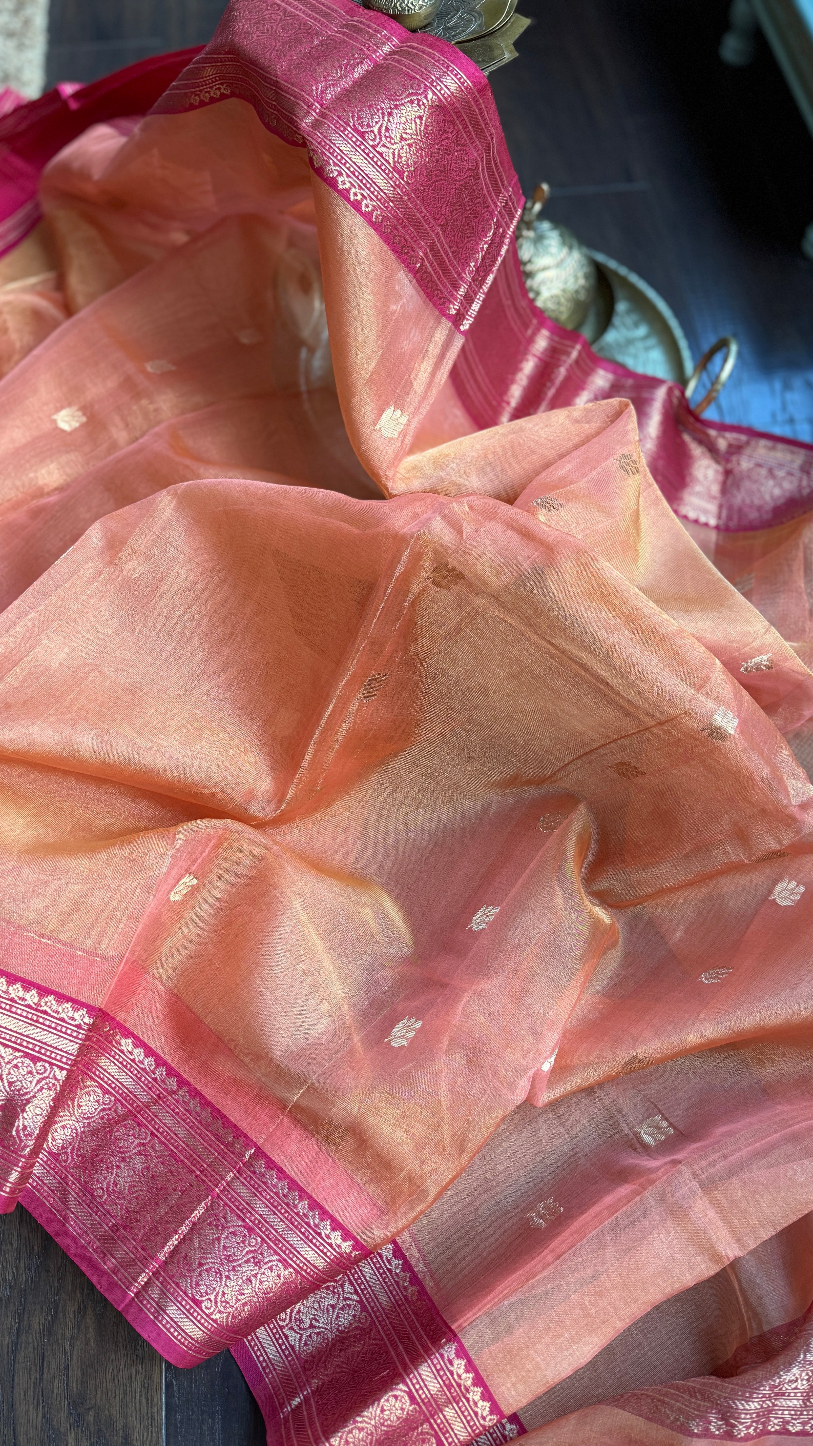 Tissue Chanderi Organza Silk - Dual Shaded Peach Orange Magenta