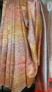 Designer Soft Silk Brocade Banarasi - Peach Pink Golden Tie-Dye
