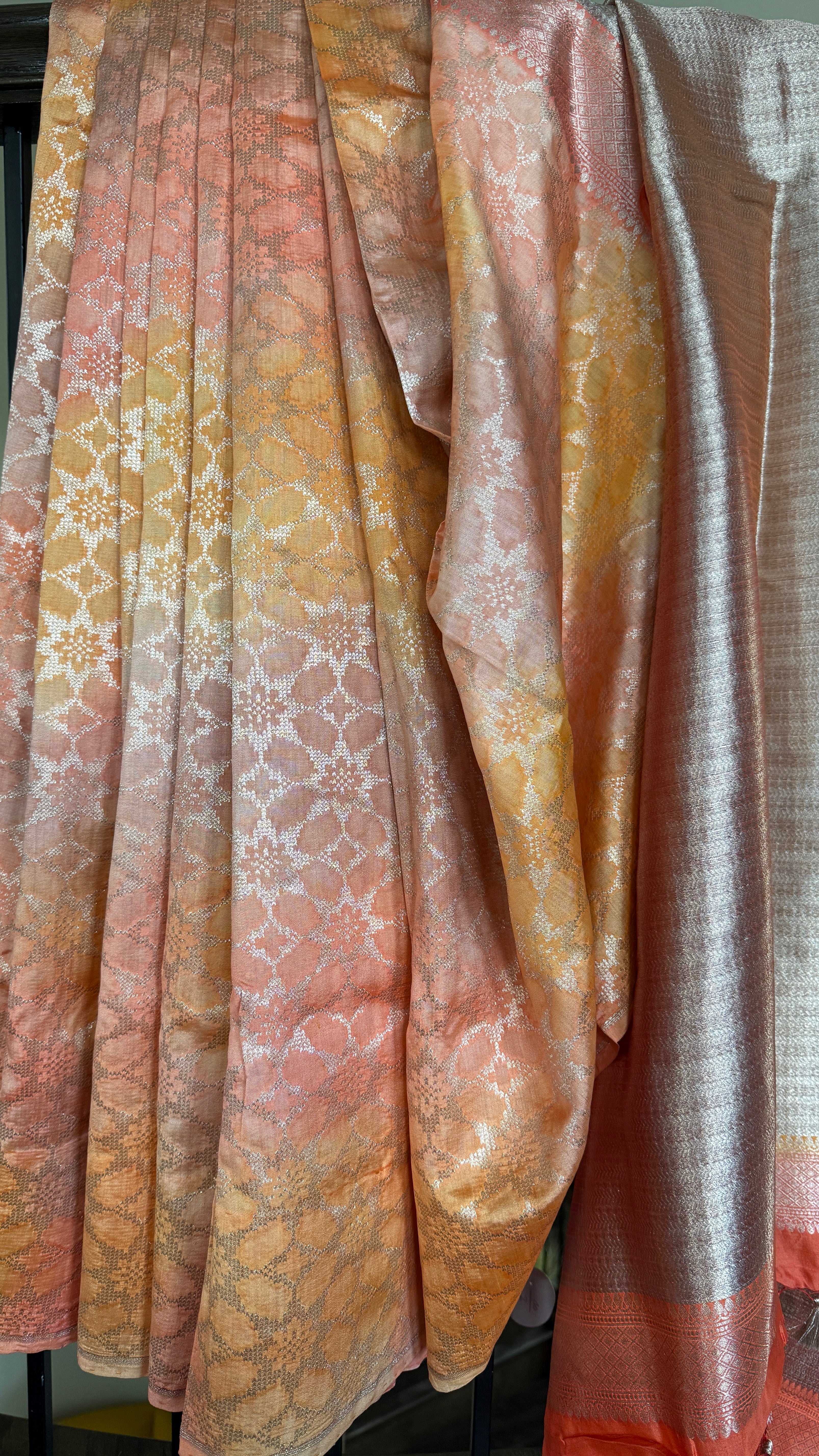 Designer Soft Silk Brocade Banarasi - Peach Pink Golden Tie-Dye