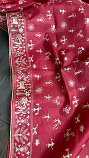 Tussar Silk - Red Worli Embroidered