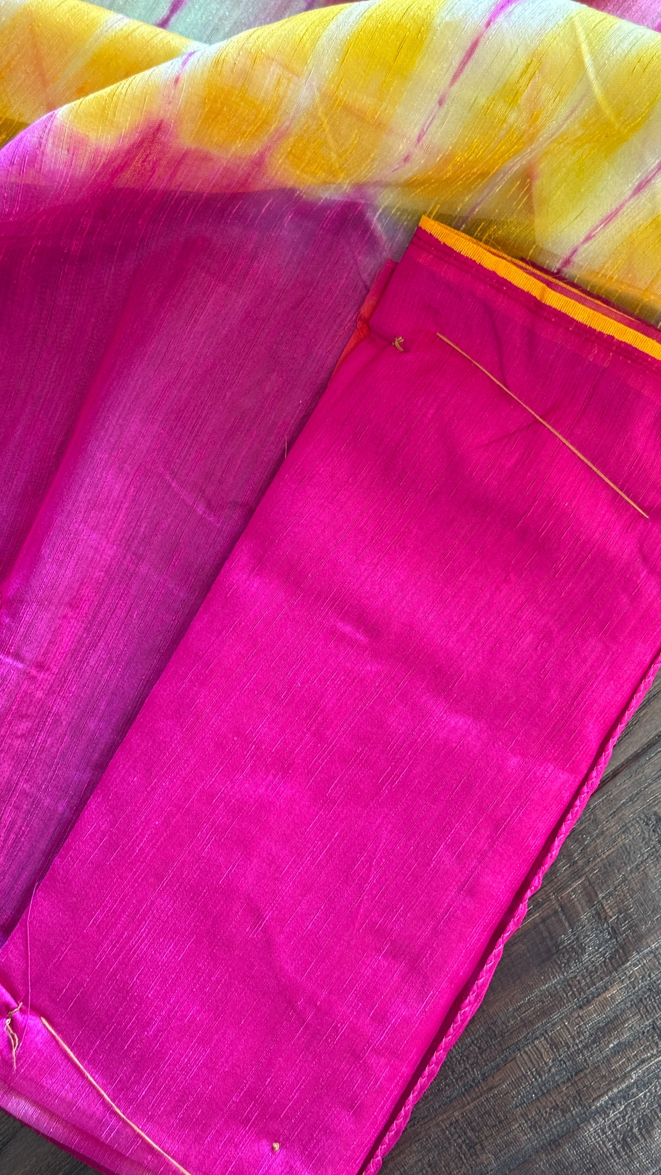 Soft Dupion Tie-Dye Saree - Pink Yellow
