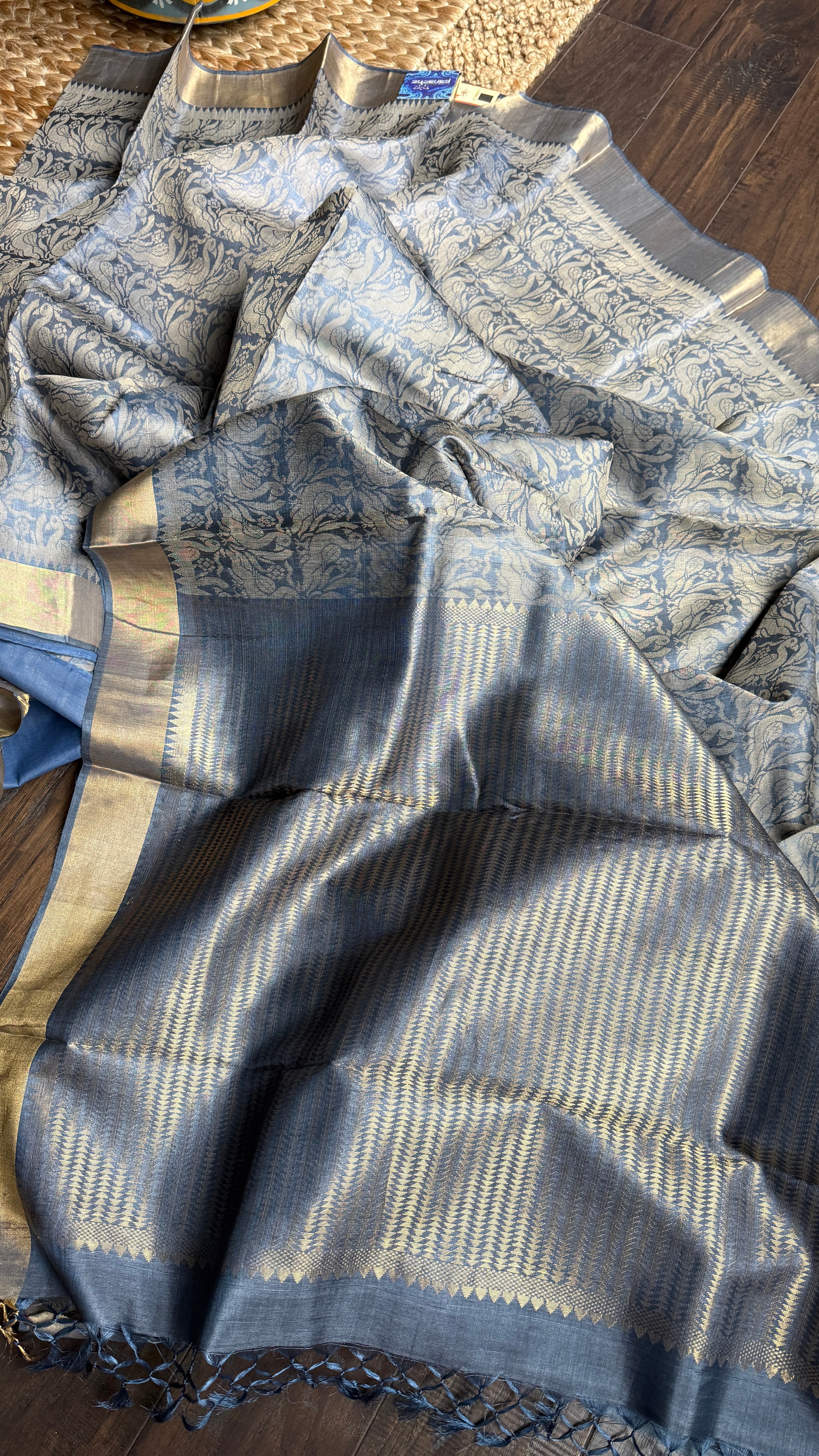 Tussar Silk - Steel Grey Resham Woven