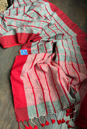 Linen Jamdaani - Grey Red Woven