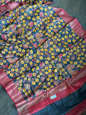 Soft Gicha Silk Printed - Black Red Yellow Kalamkari