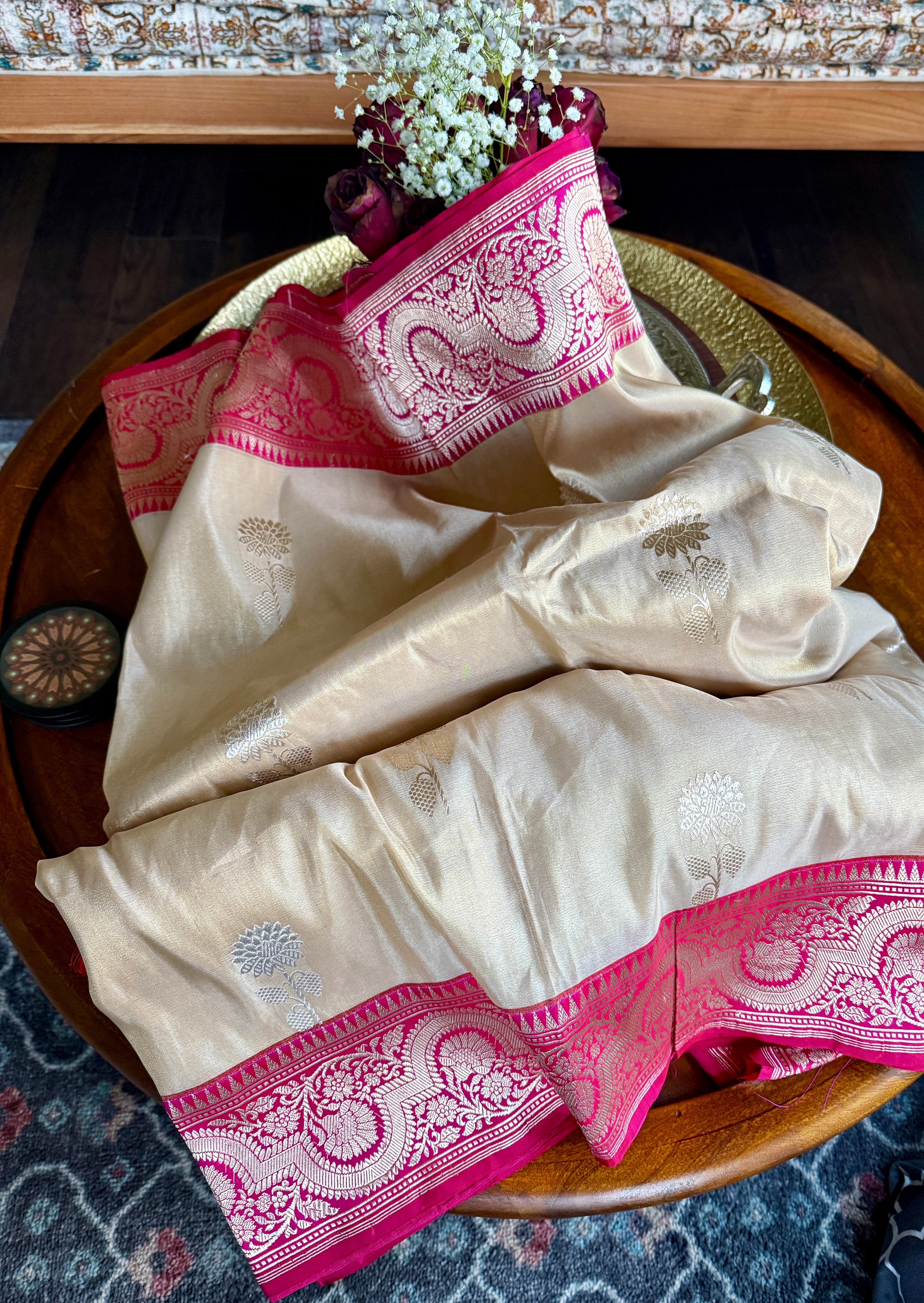 Pure Tissue Katan Silk Banarasi - Golden Beige Magenta