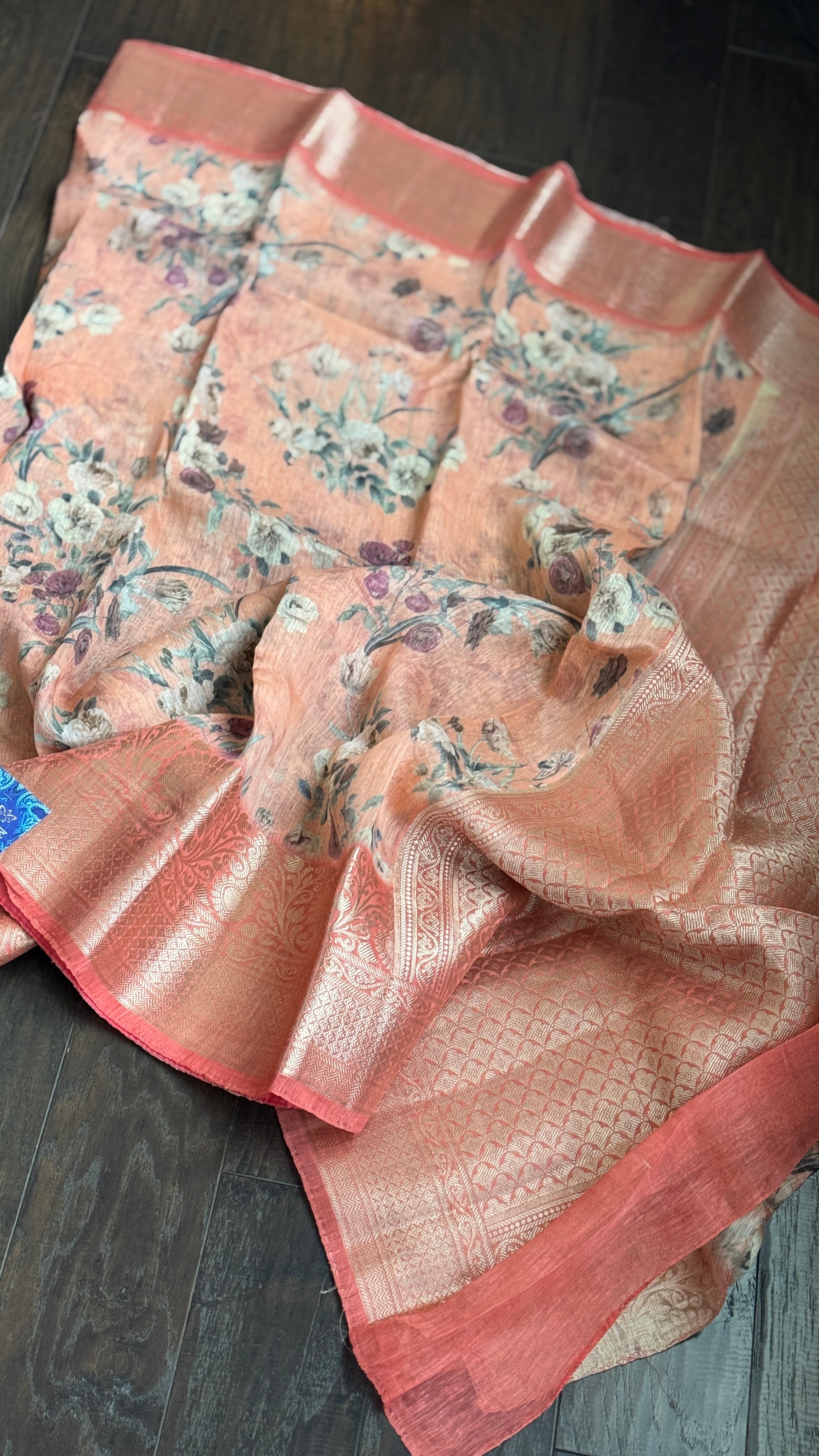 Pure Silk Linen Banarasi - Peach Floral Digital Print