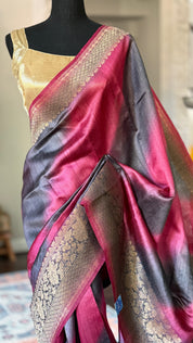 Tussar Silk Banarasi Shaded - Grey Raspberry Pink Antique Golden Zari