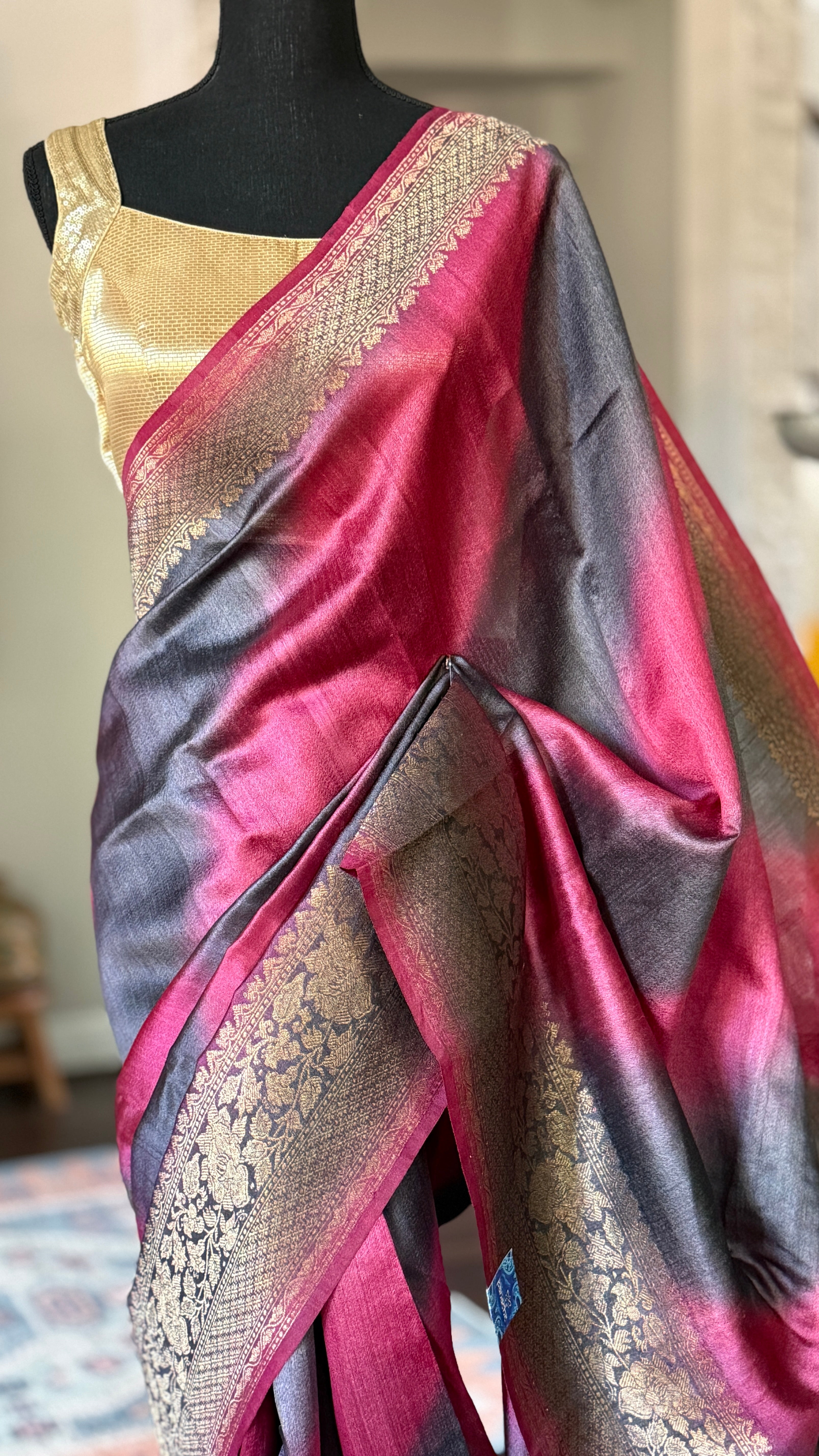 Tussar Silk Banarasi Shaded - Grey Raspberry Pink Antique Golden Zari