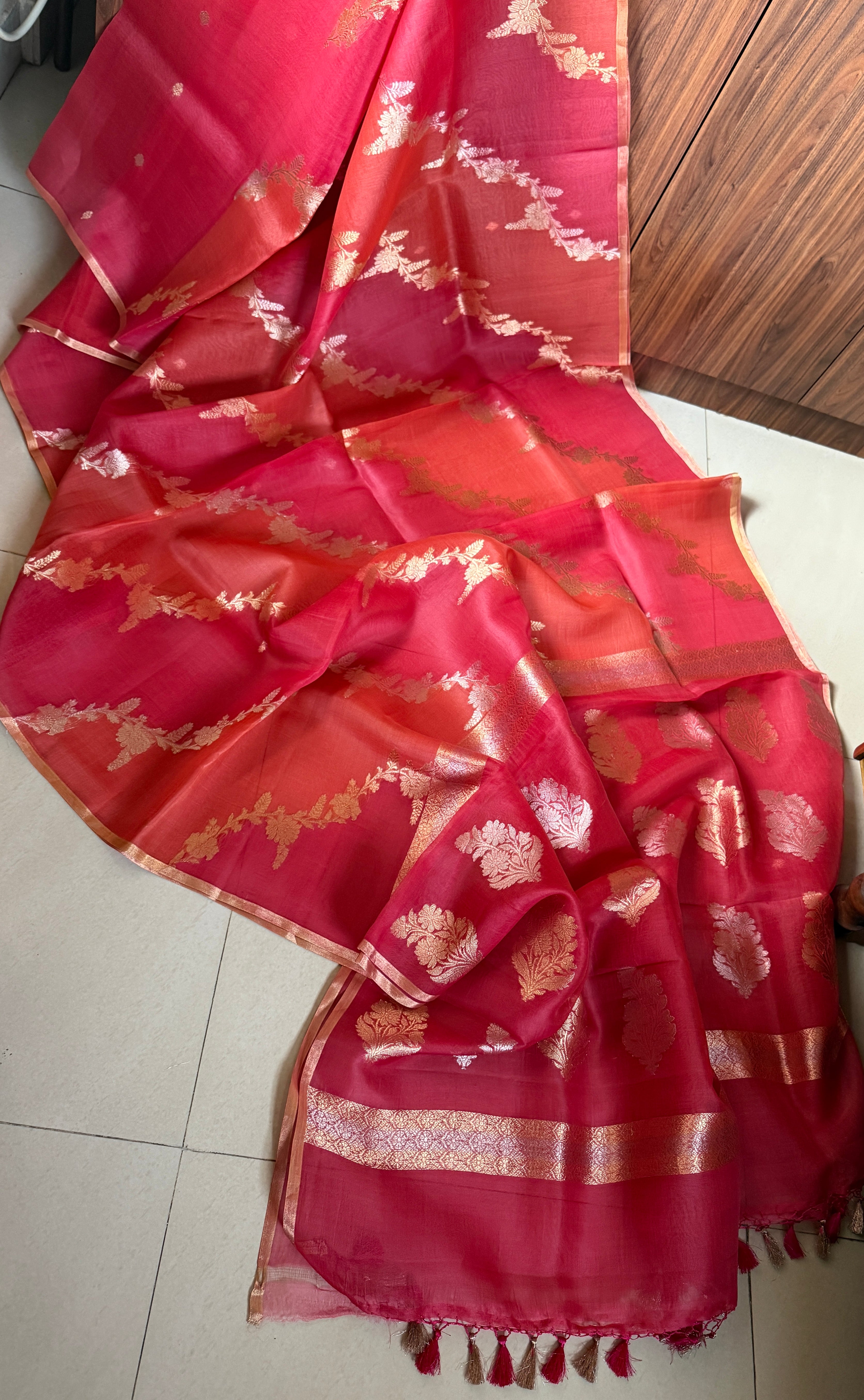 Kora Silk Leheriya Banarsi - Pink Orange Shaded