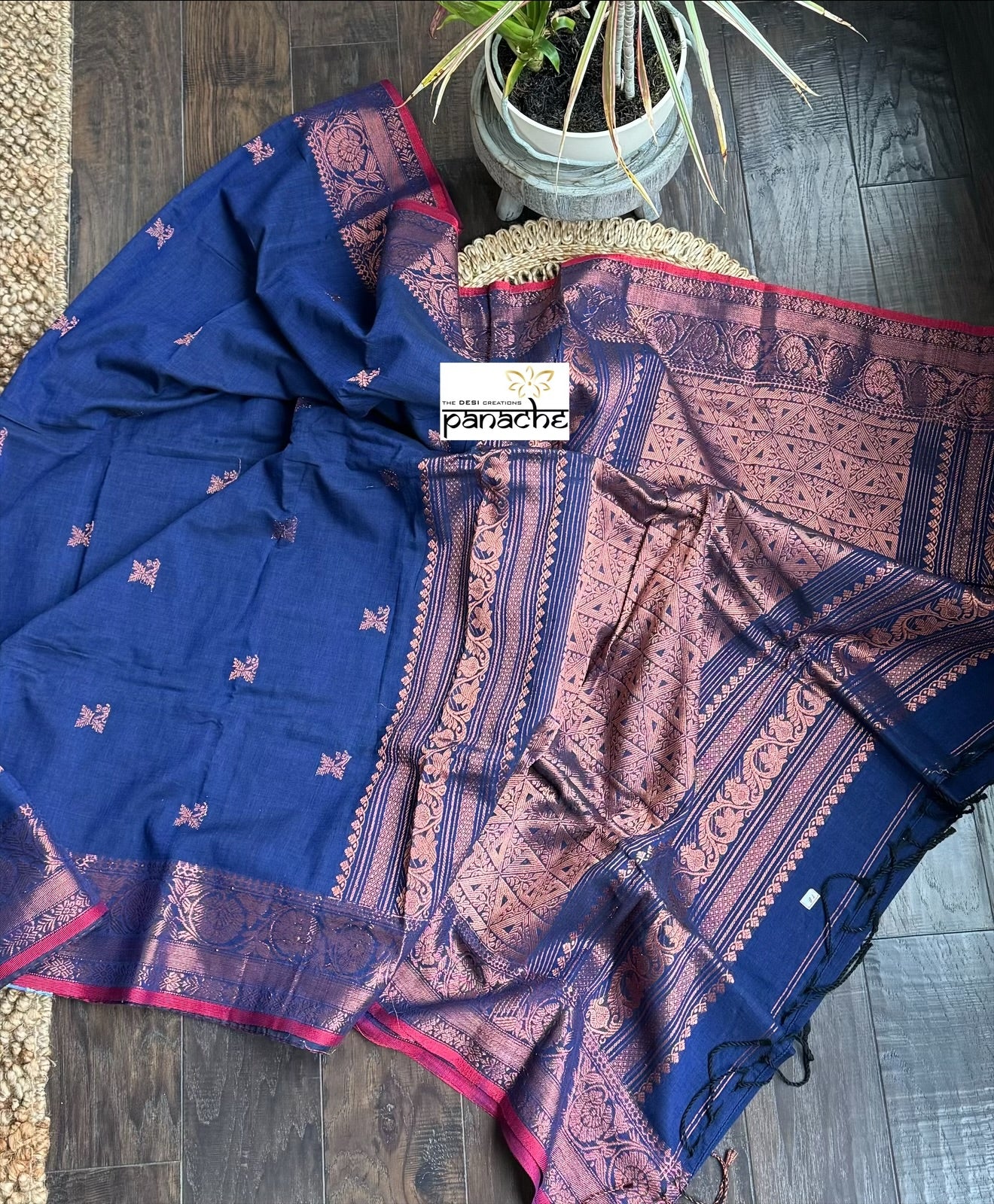 Pure Khadi Cotton Handloom - Navy Blue Red Copper Zari (Copy)