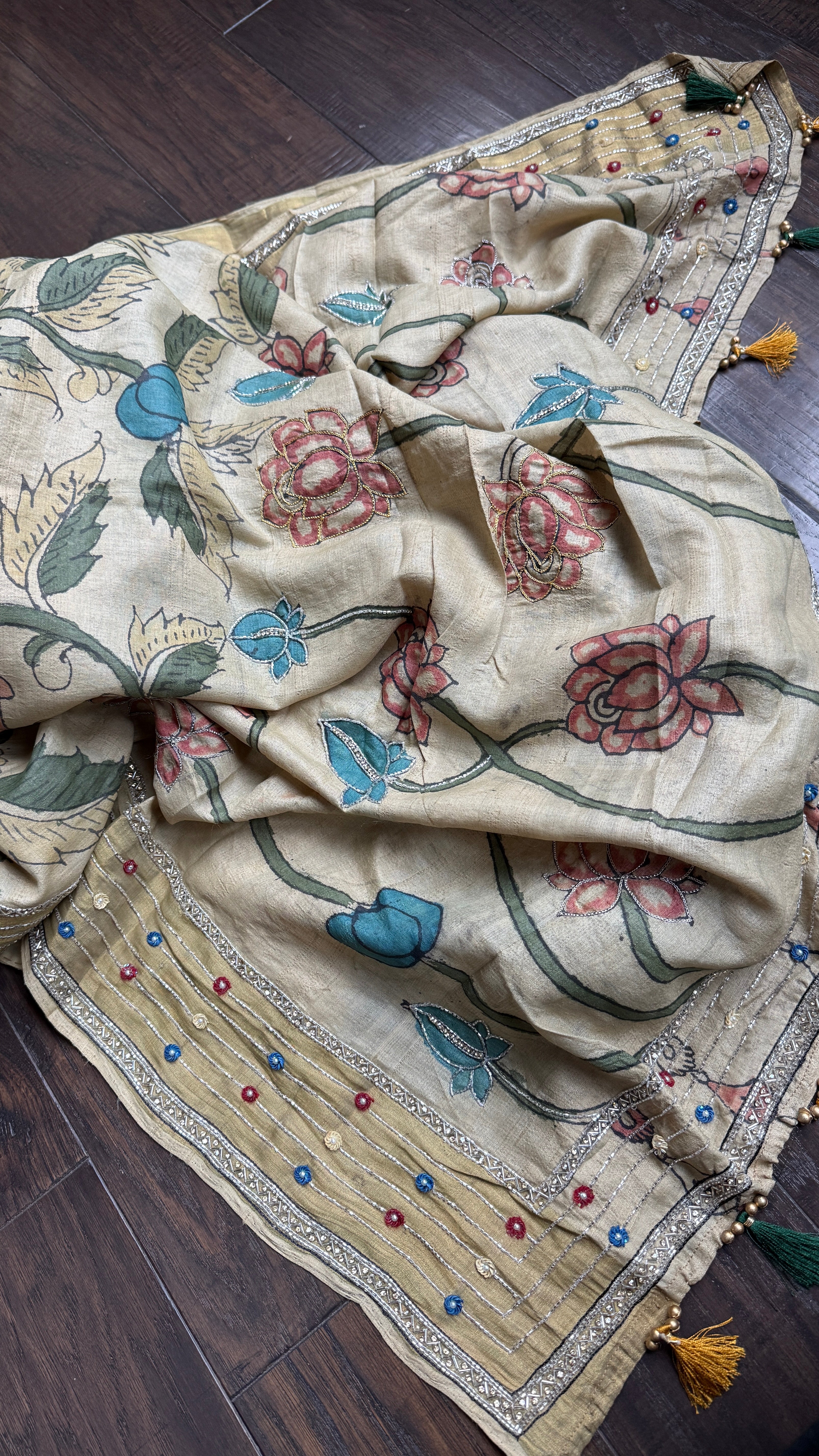 Pen Kalamkari Tussar Silk - Hand-Zardozi Beige Green