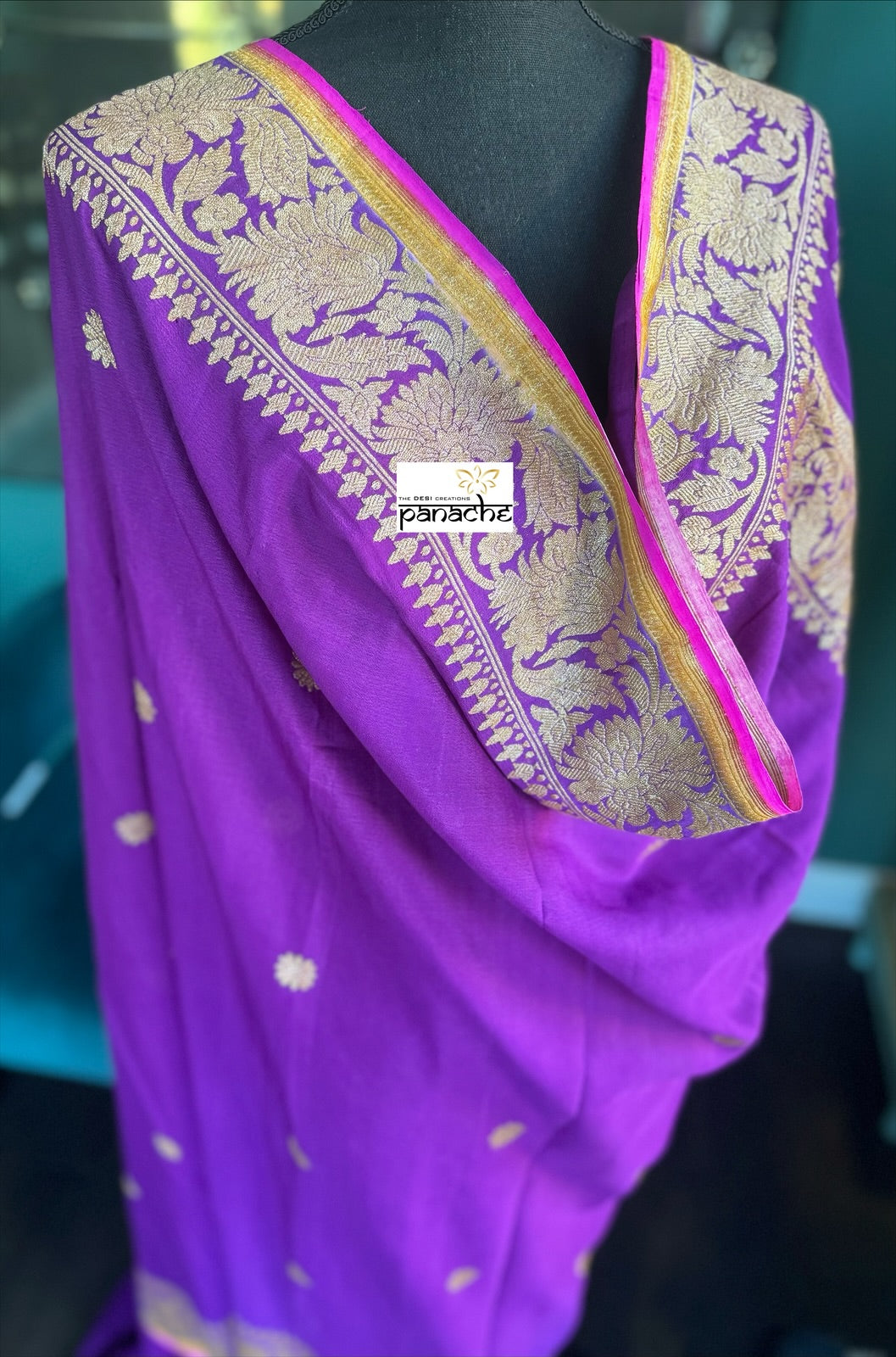 Georgette Banarasi - Purple Golden Zari