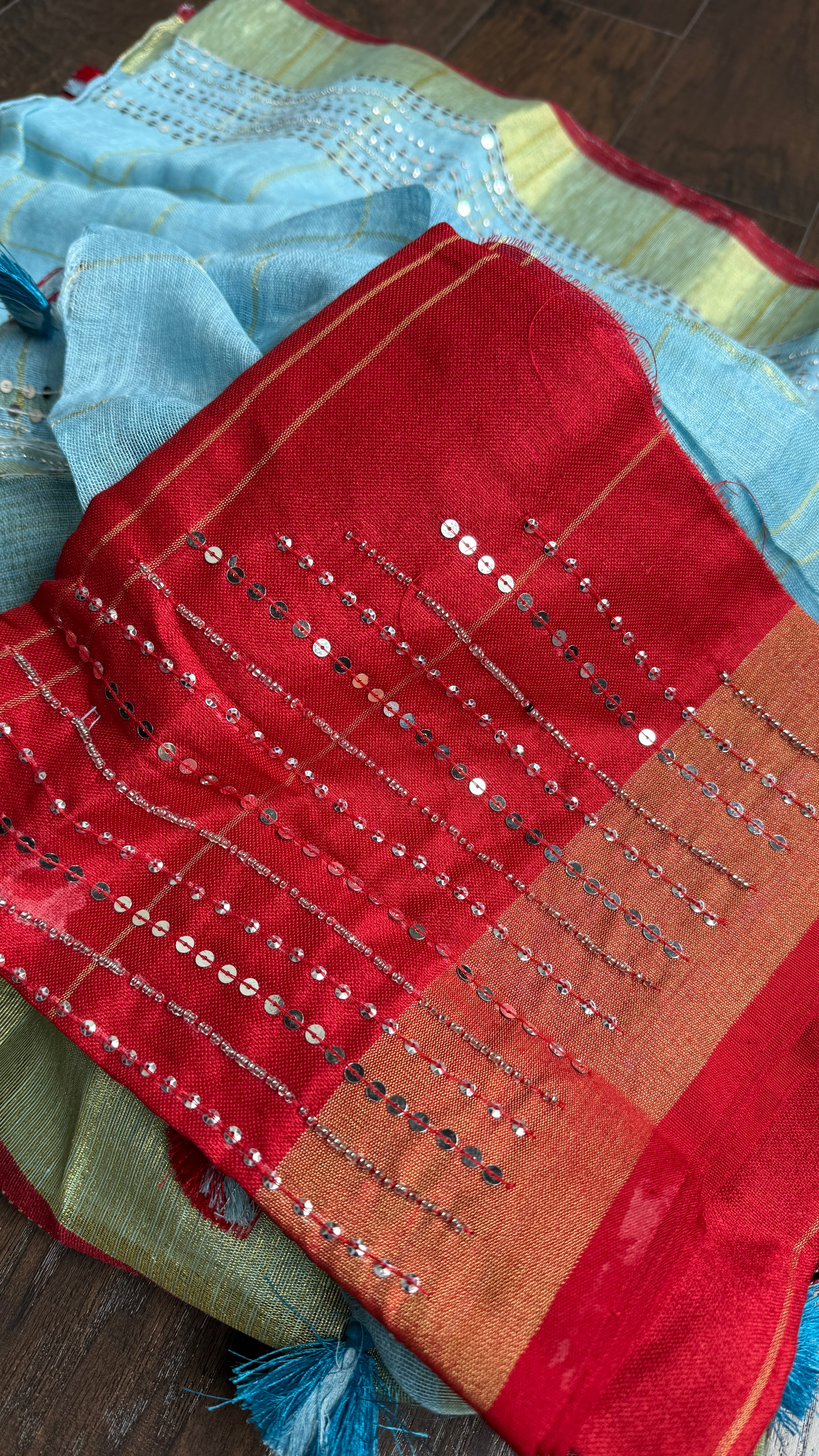Designer Linen Sequin Embroidered - Firozi Checkered
