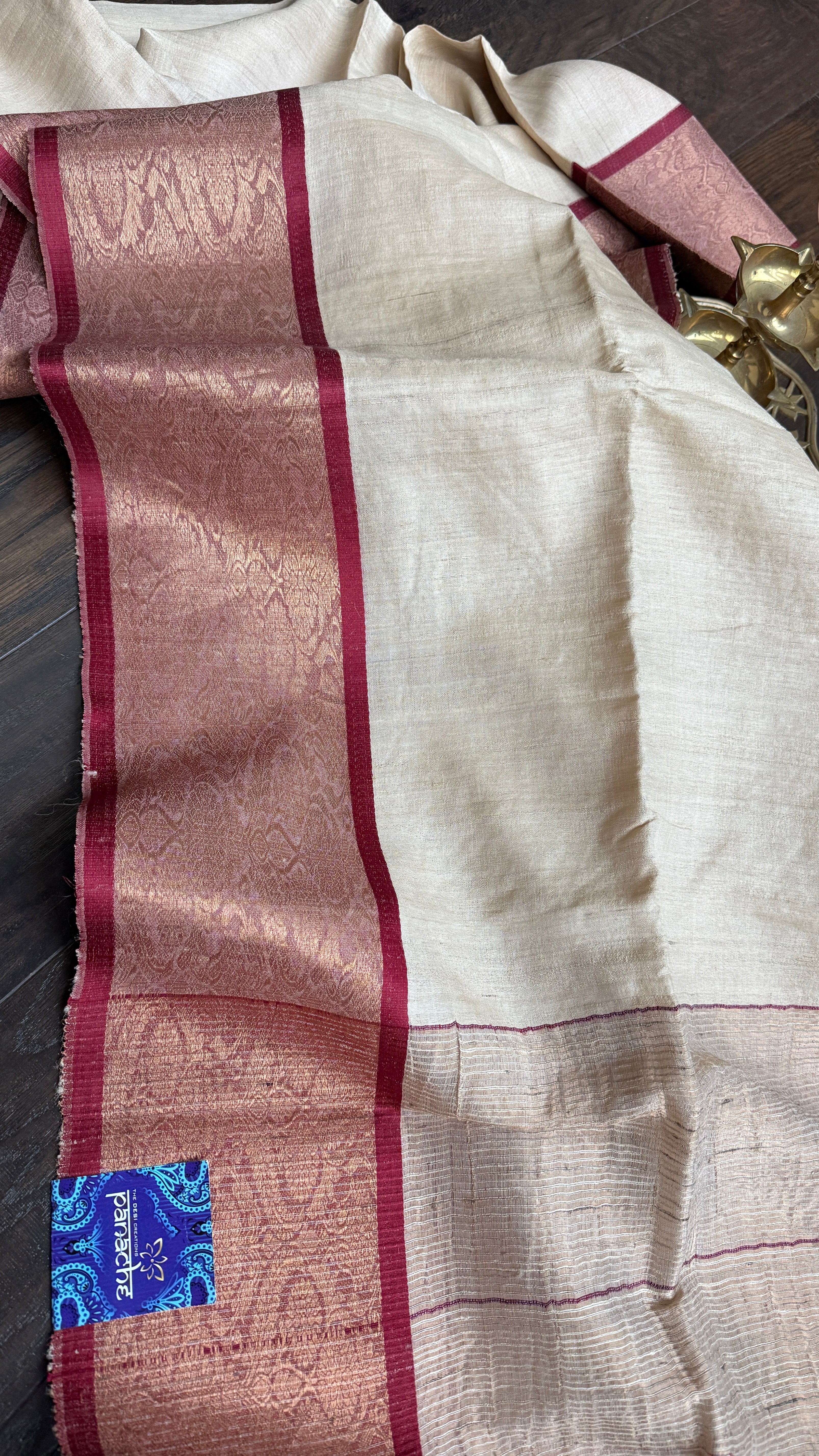 Pure Tussar Silk Handwoven - Tussar Beige Dark Maroon