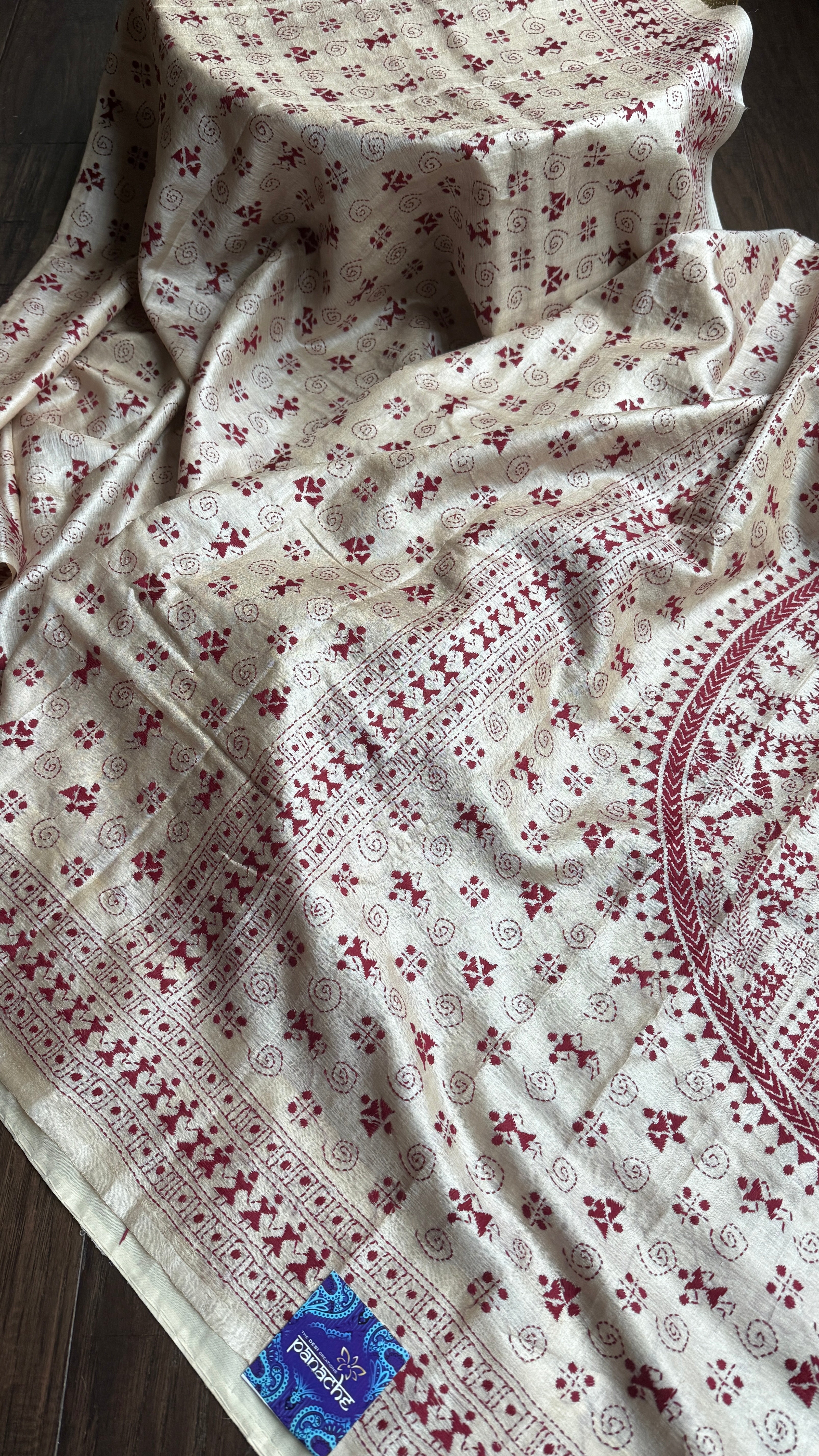 Pure Tussar Silk Kantha Stitch -  Tan Beige Maroon Worli Art