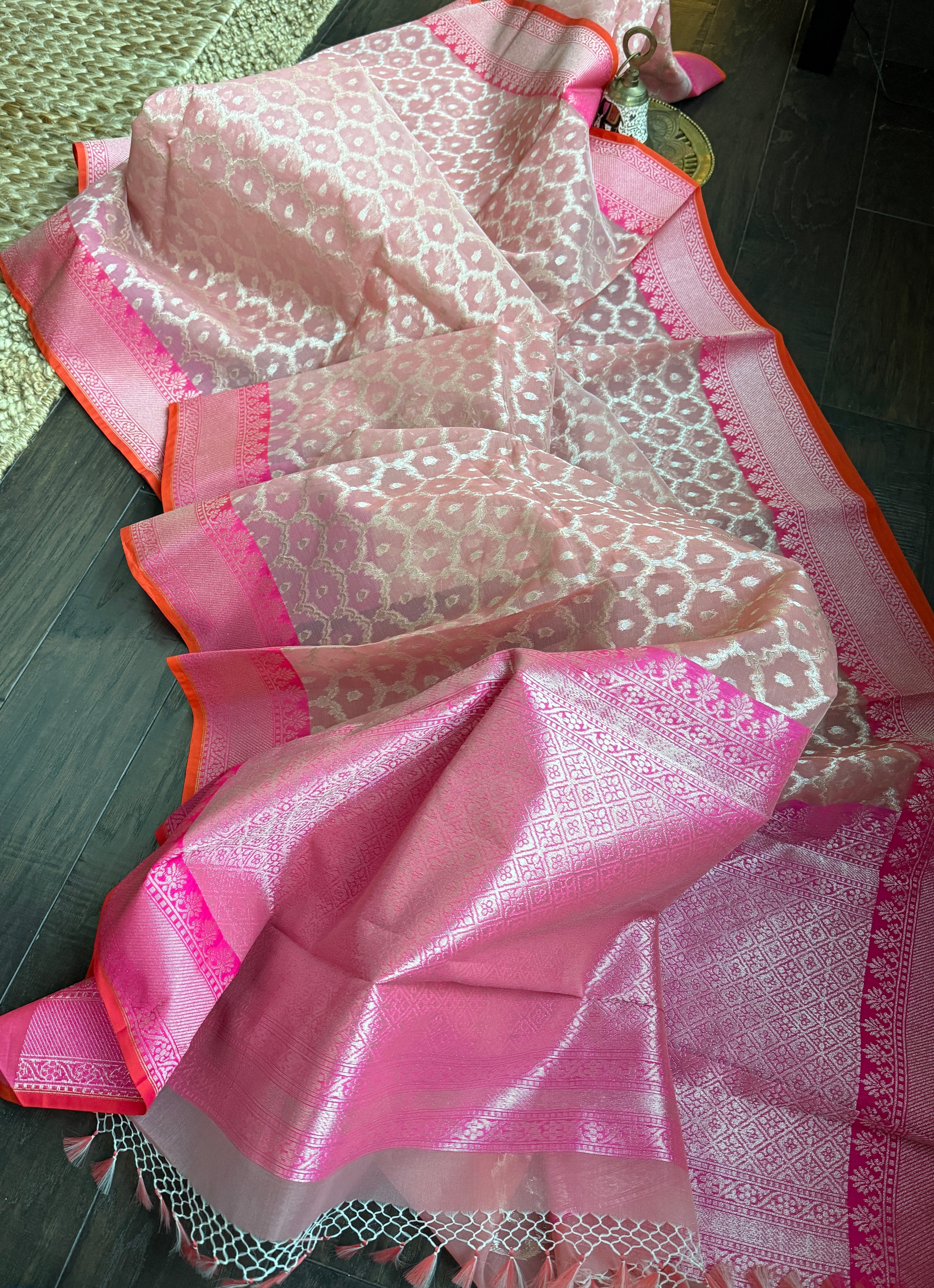 Kora Silk Banaras Chanderi - Peach Pink