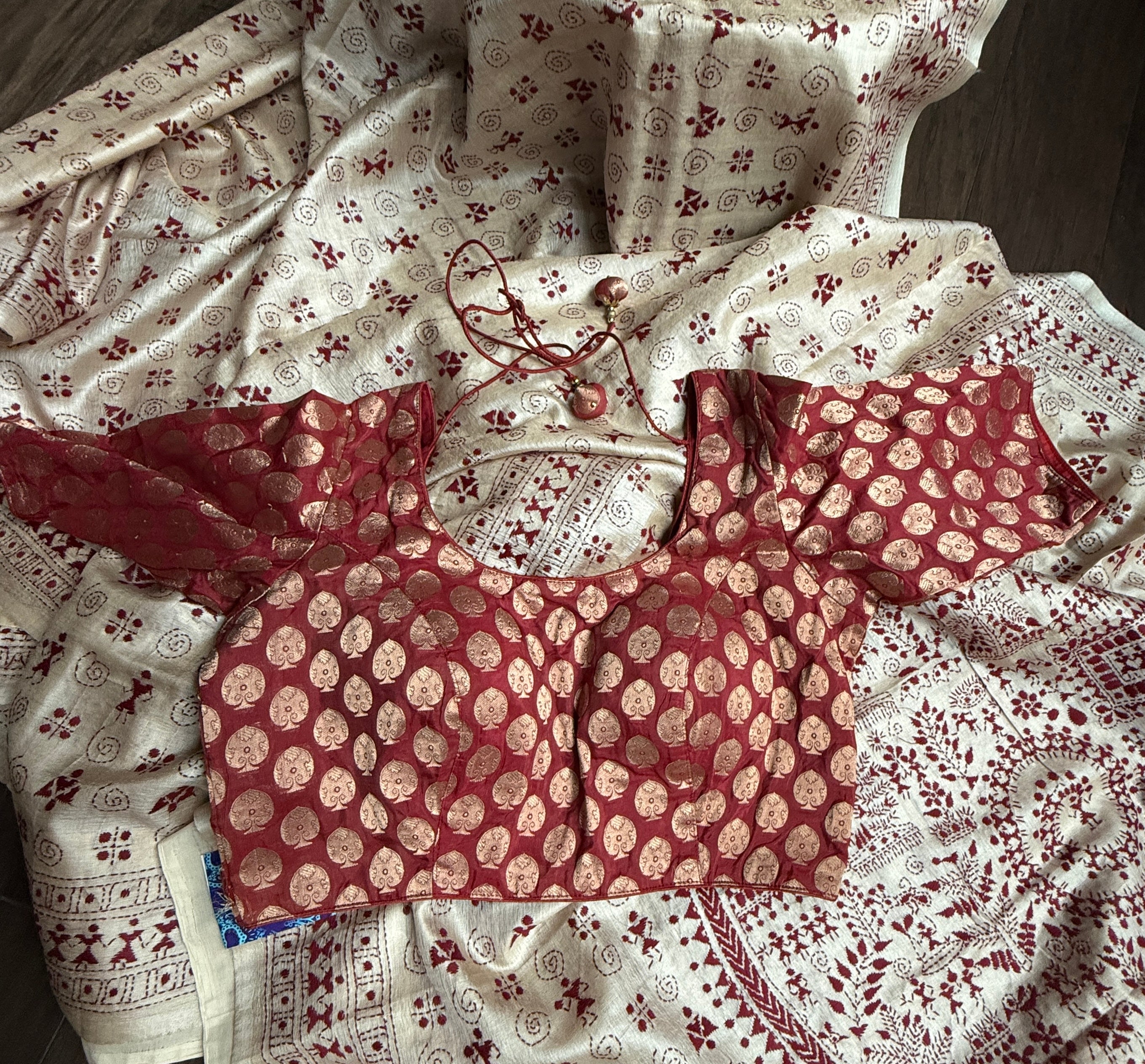 Pure Tussar Silk Kantha Stitch -  Tan Beige Maroon Worli Art