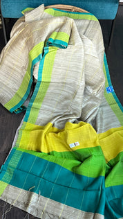 Pure Matka Silk - Tan Beige Lime Green