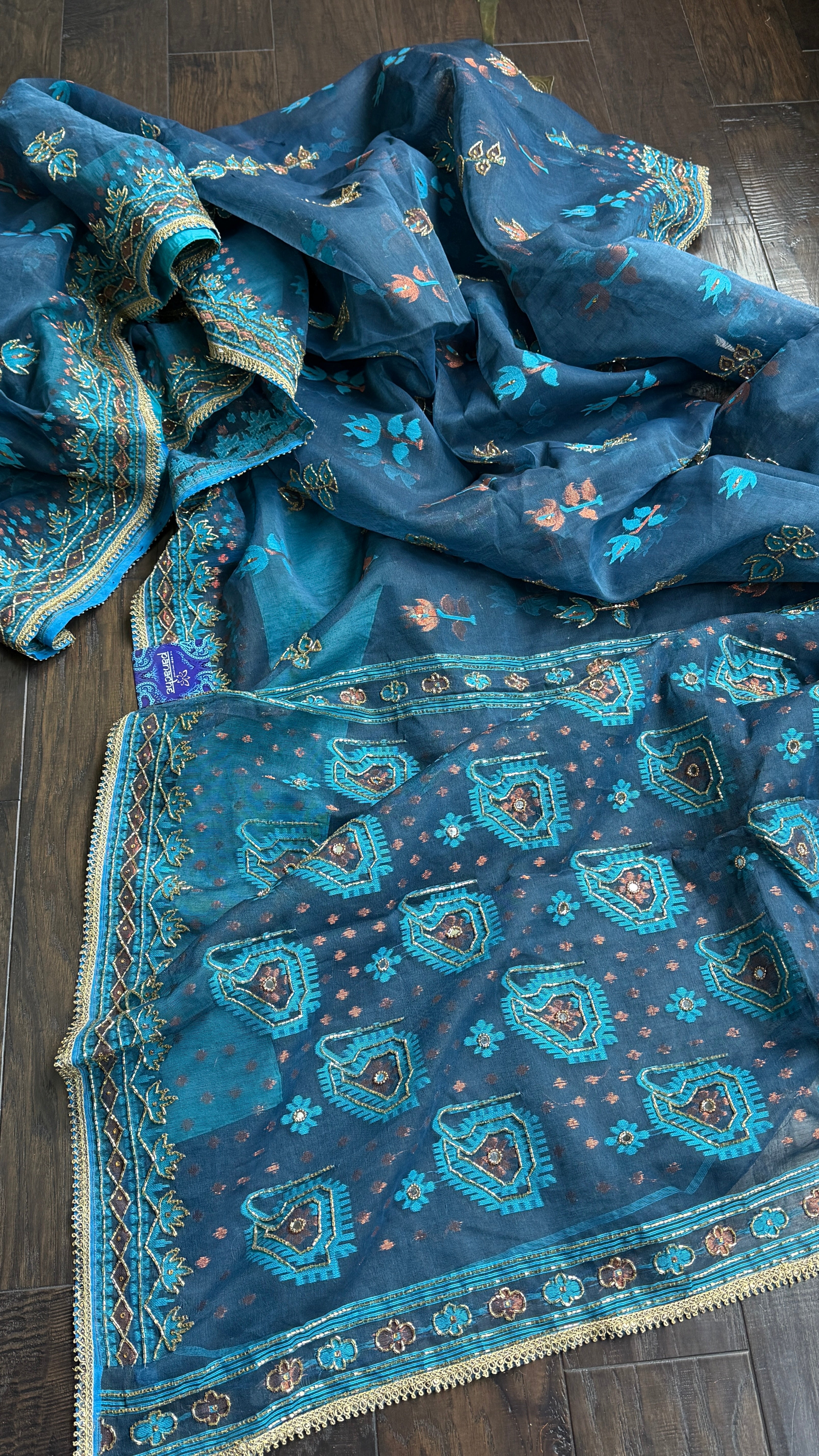Designer Jamdaani Cutdana Embroidered - Light Firozi