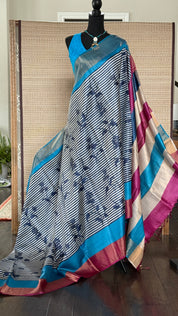 Pure Tussar Silk - Blue Firozi Magenta