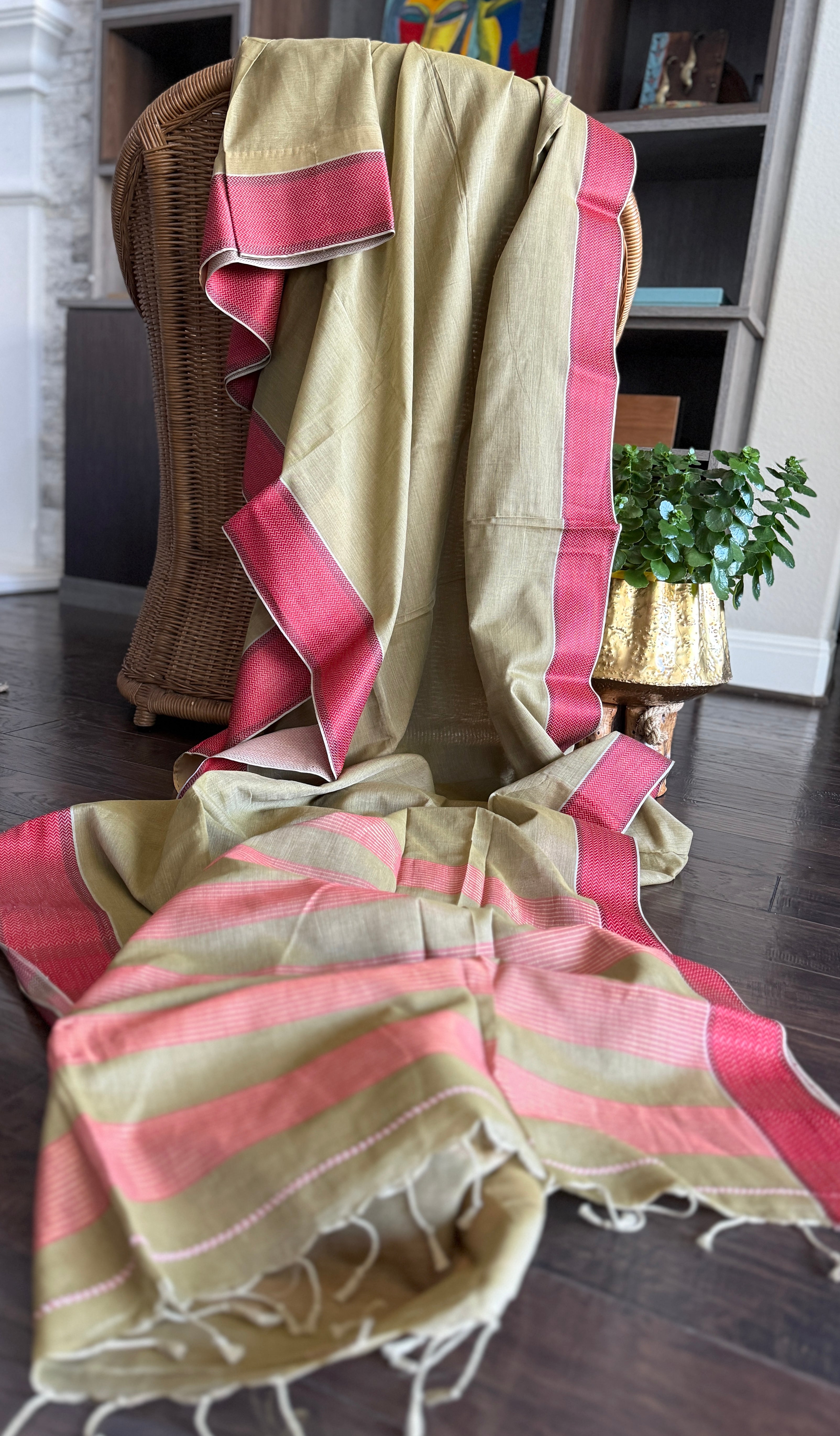 Pure Khadi Cotton Handloom - Moss Grey Red