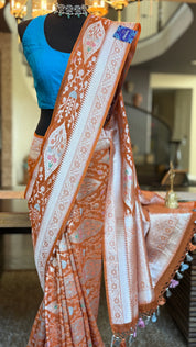Khaddi Georgette Banarasi - Light Orange Hand Brush Painted