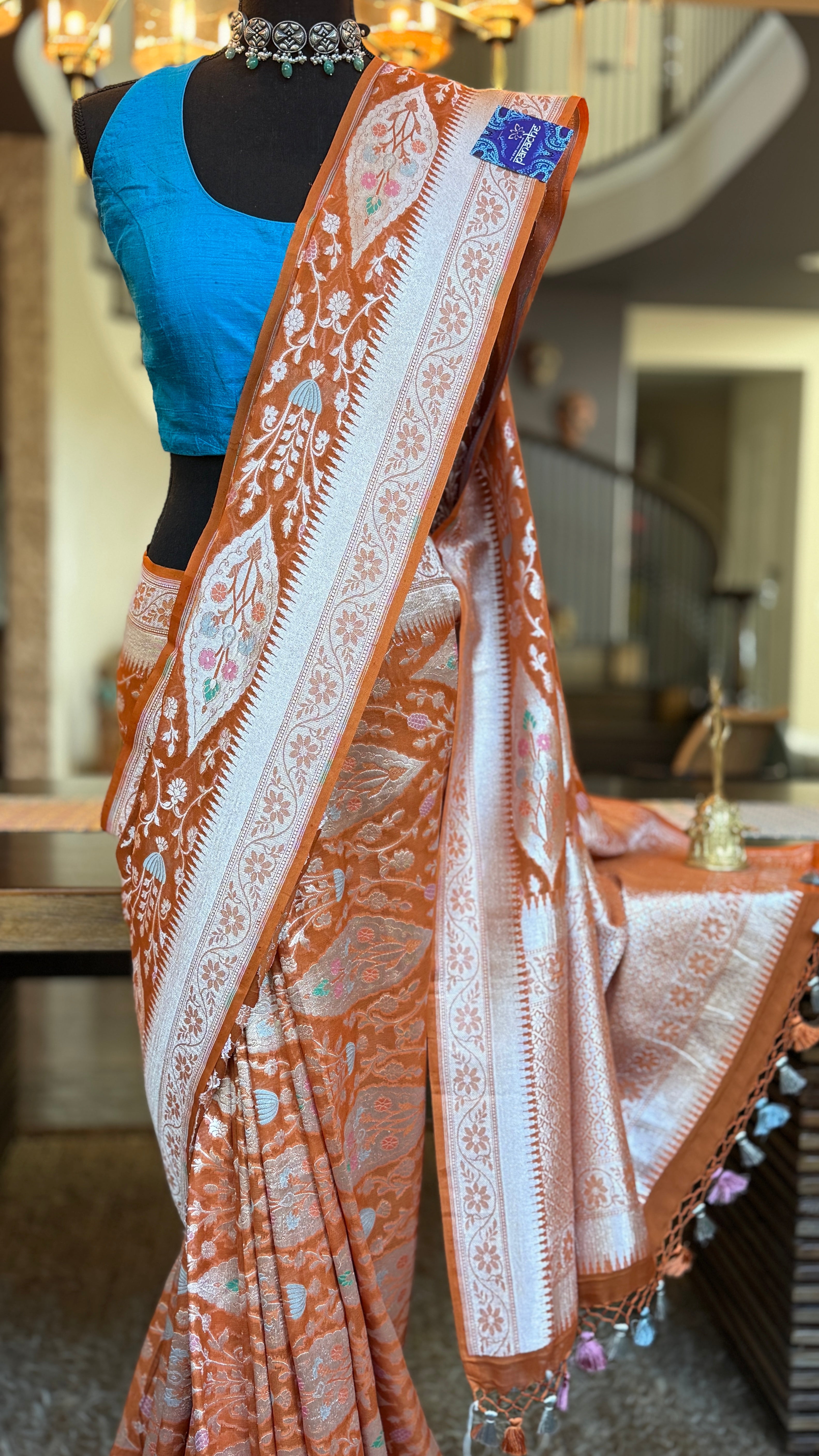 Khaddi Georgette Banarasi - Light Orange Hand Brush Painted