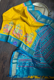 Pure Silk Ikat - Yellow Firozi Pochampally