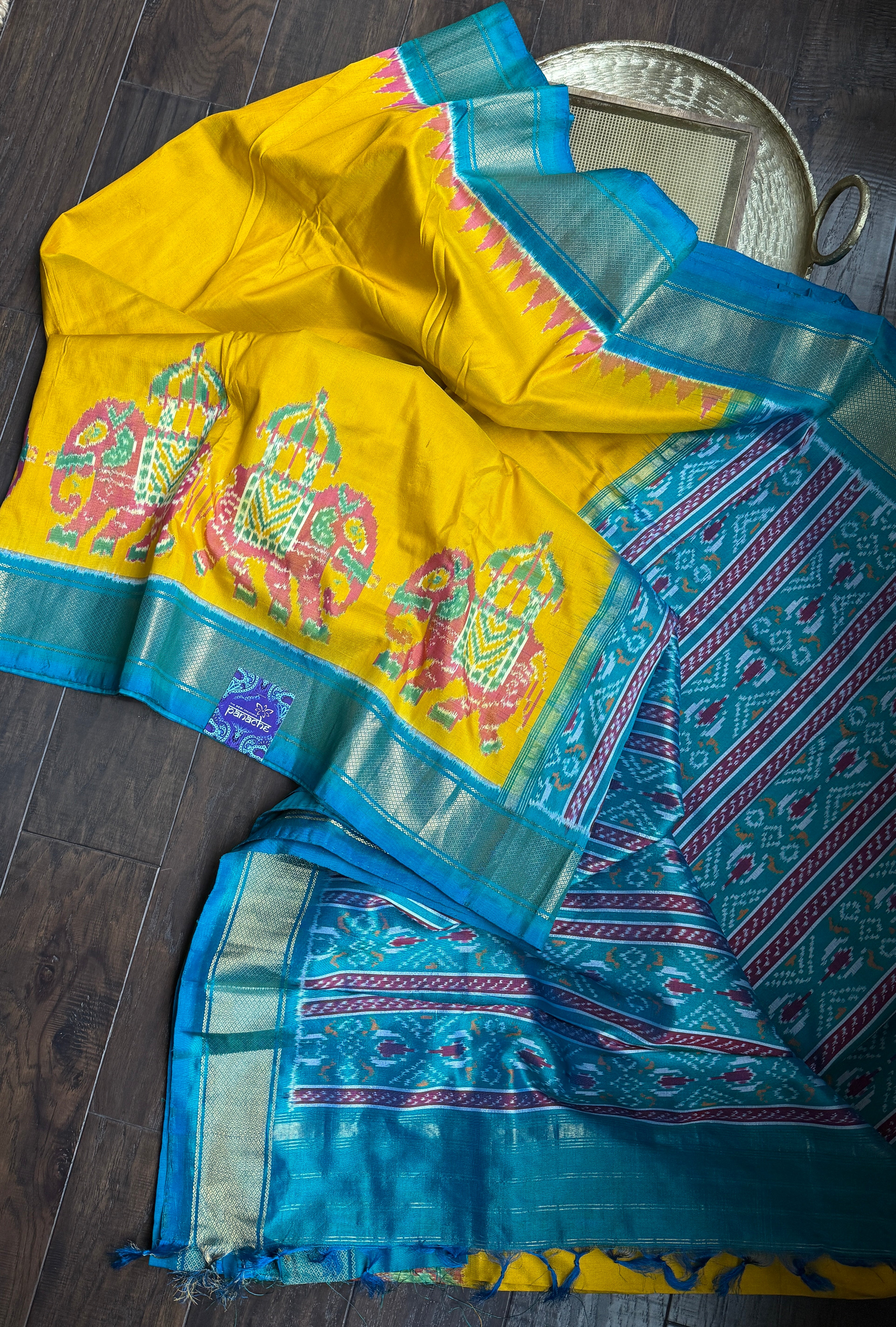 Pure Silk Ikat - Yellow Firozi Pochampally