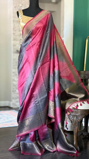 Tussar Silk Banarasi Shaded - Grey Raspberry Pink Antique Golden Zari