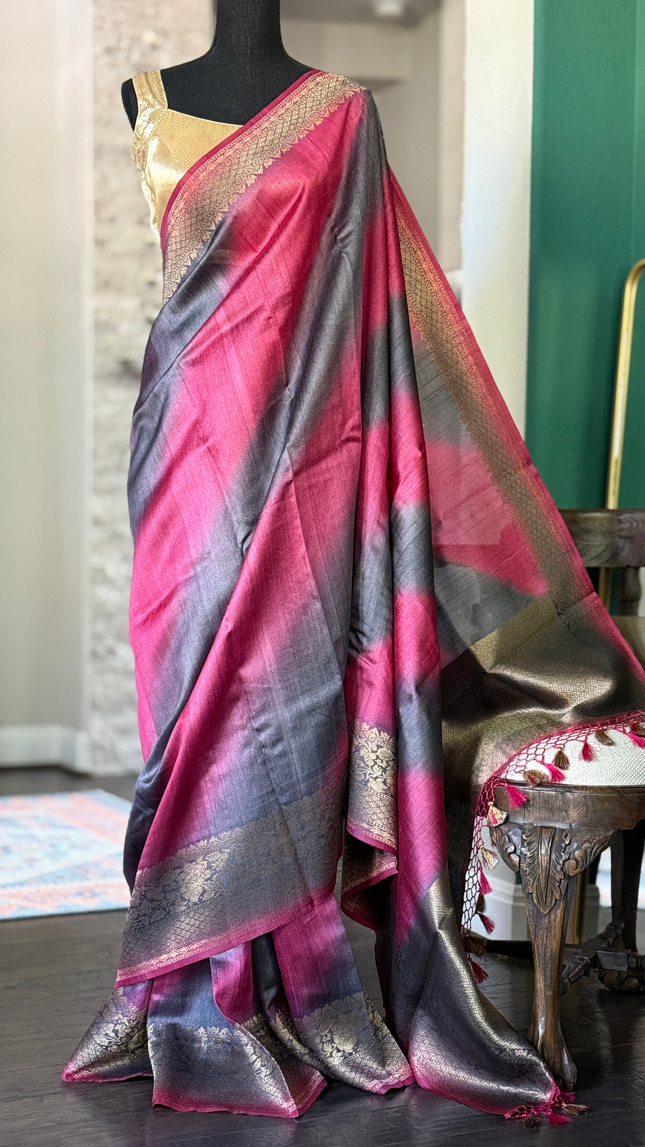 Tussar Silk Banarasi Shaded - Grey Raspberry Pink Antique Golden Zari