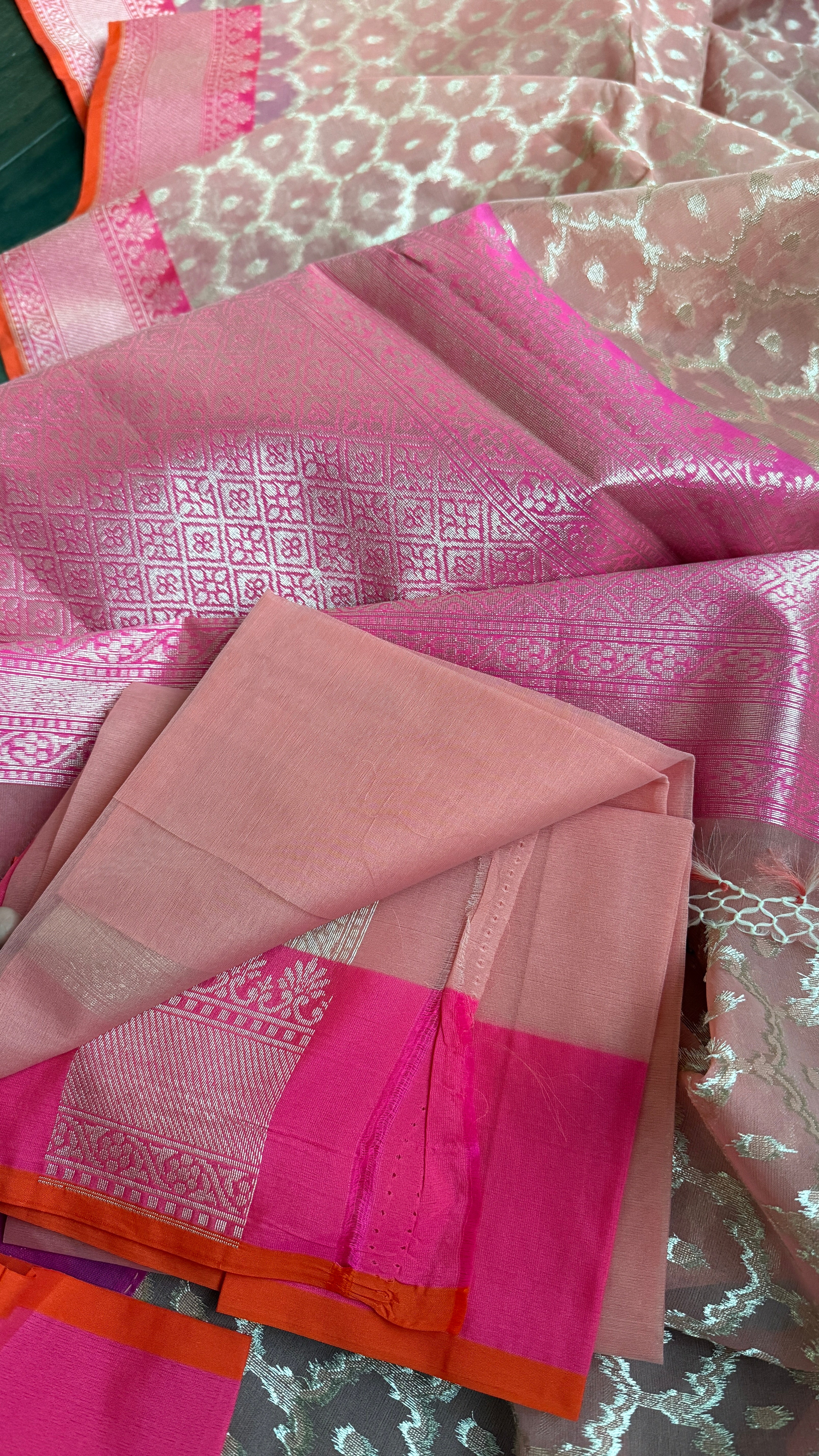 Kora Silk Banaras Chanderi - Peach Pink