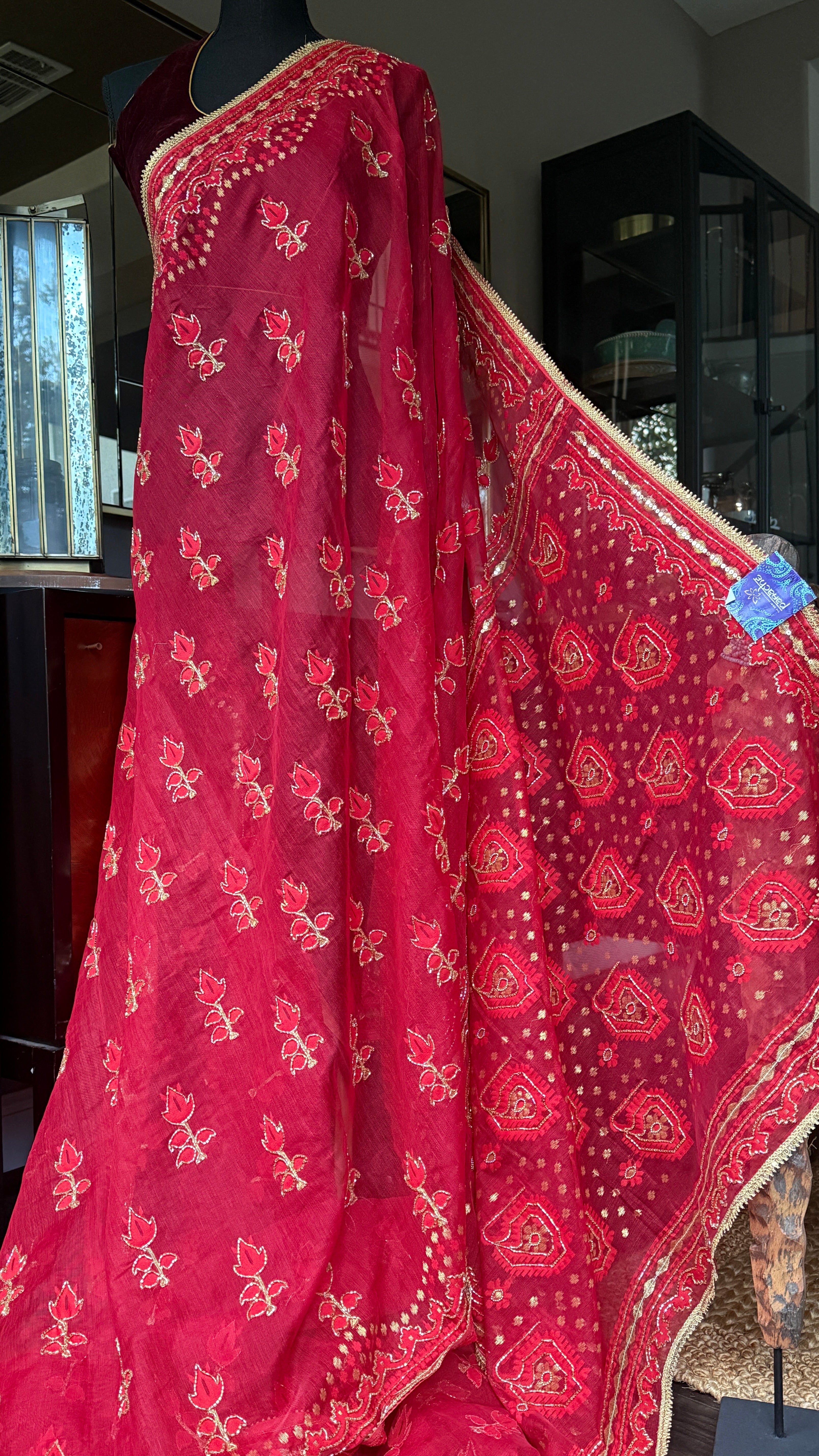 Designer Jamdaani Cutdana Embroidered - Red