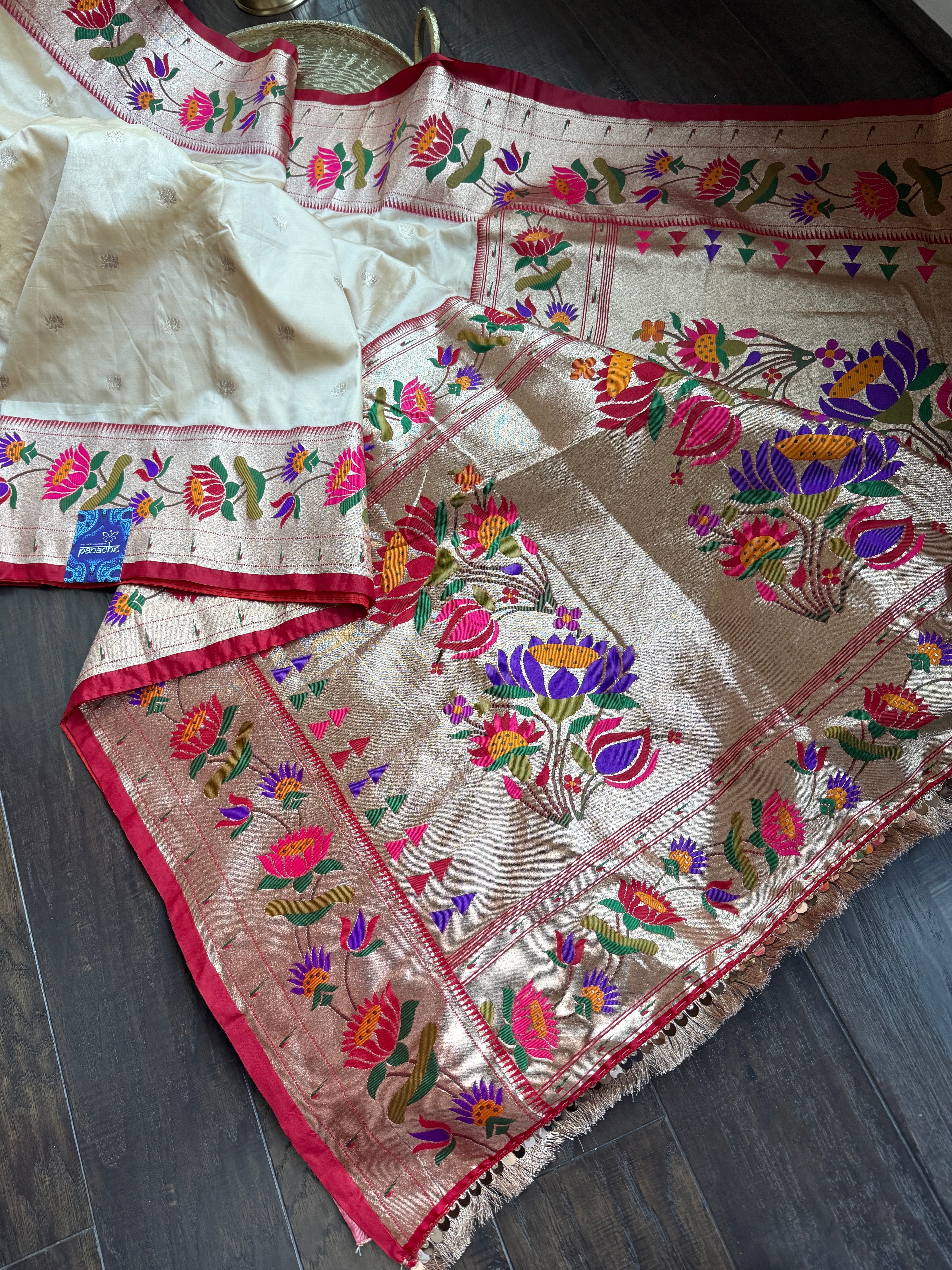 Pure Silk Paithani Single Munia - Cream Red Woven