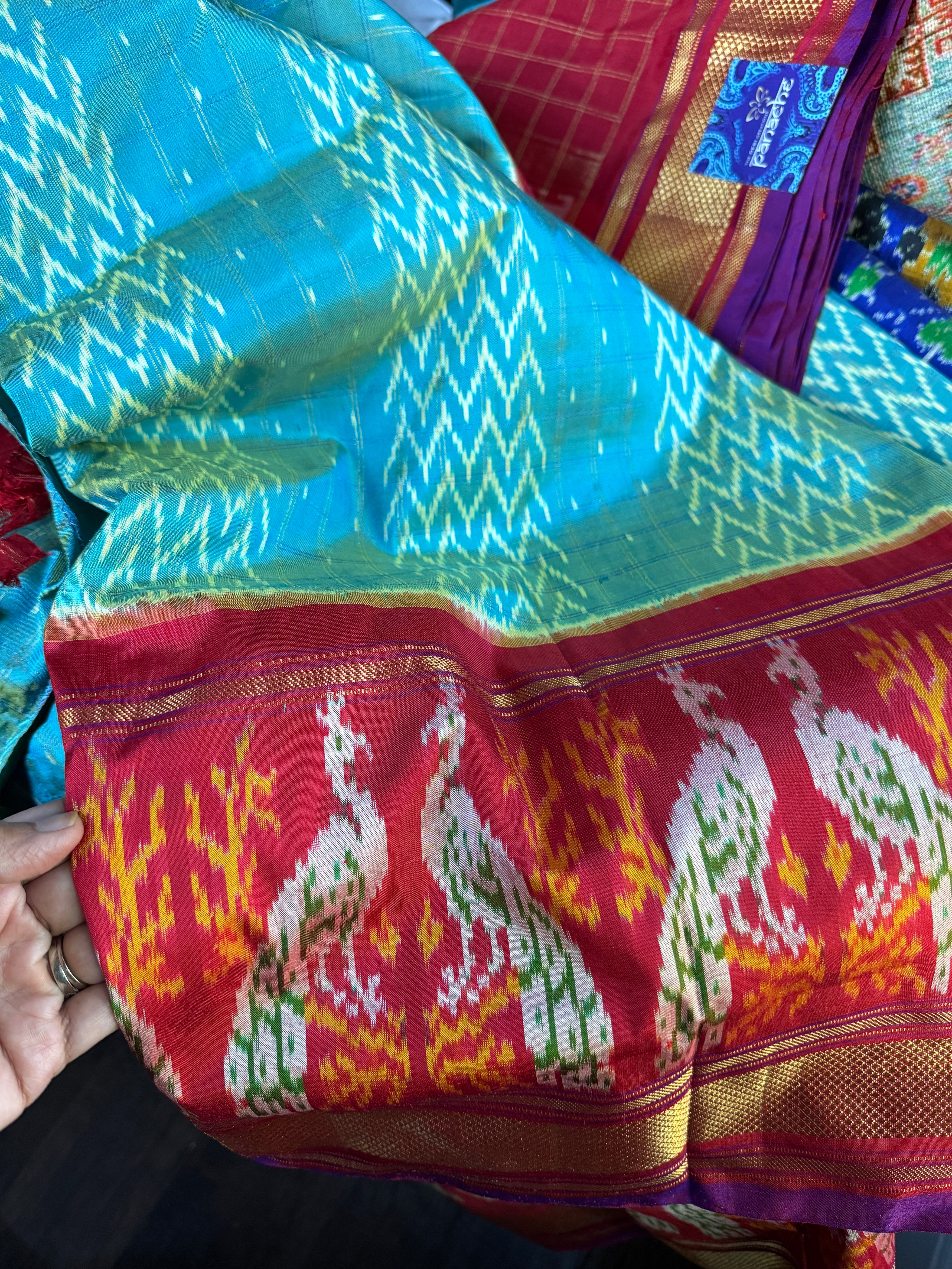 Pure Silk Ikat - Sea Green Firozi Red Purple Pochampally