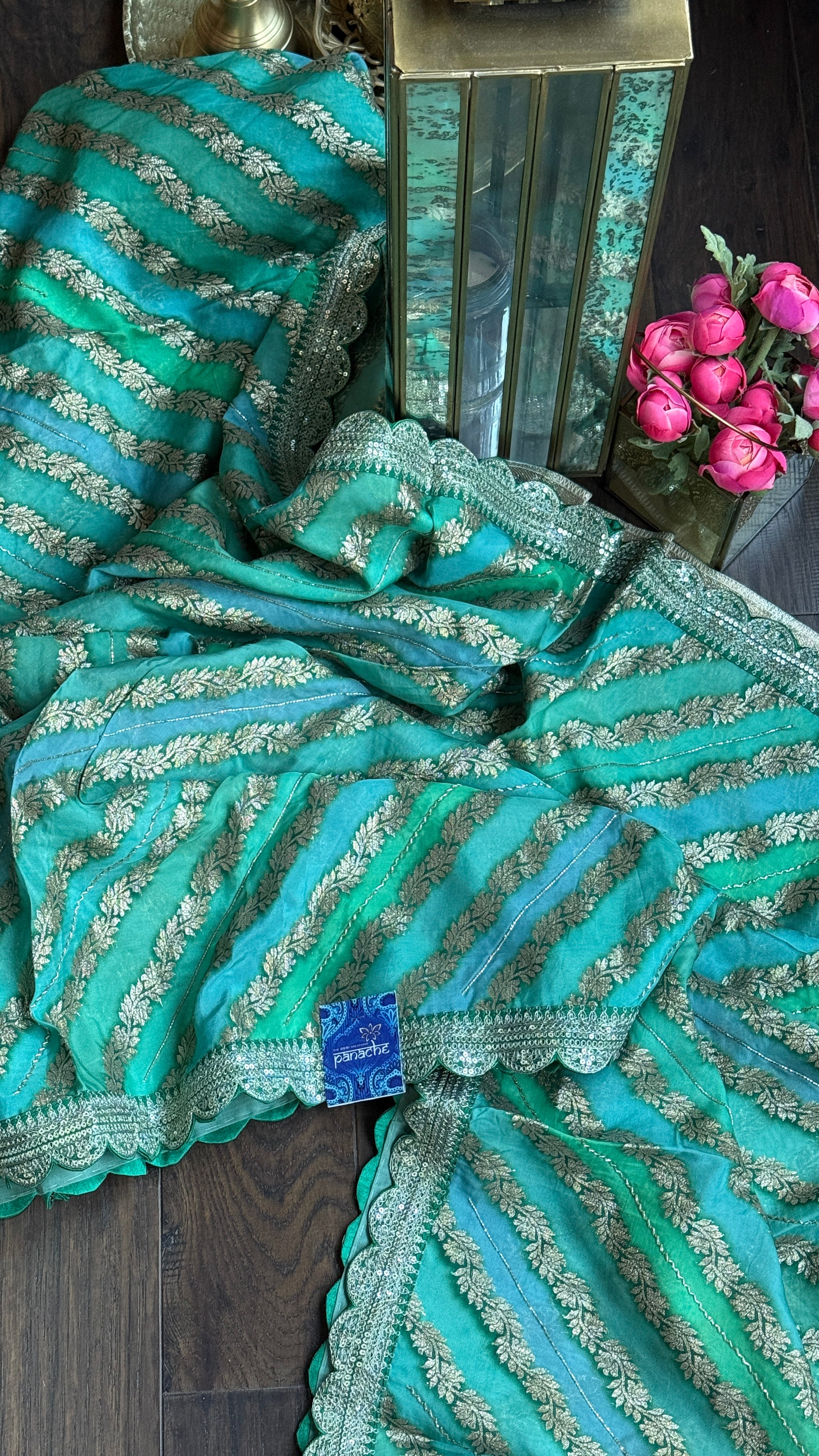 Designer Organza Georgette Leheriya - Sea green