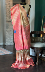 Pure Katan Silk Benarasi - Ivory Pink Golden Silver Zari