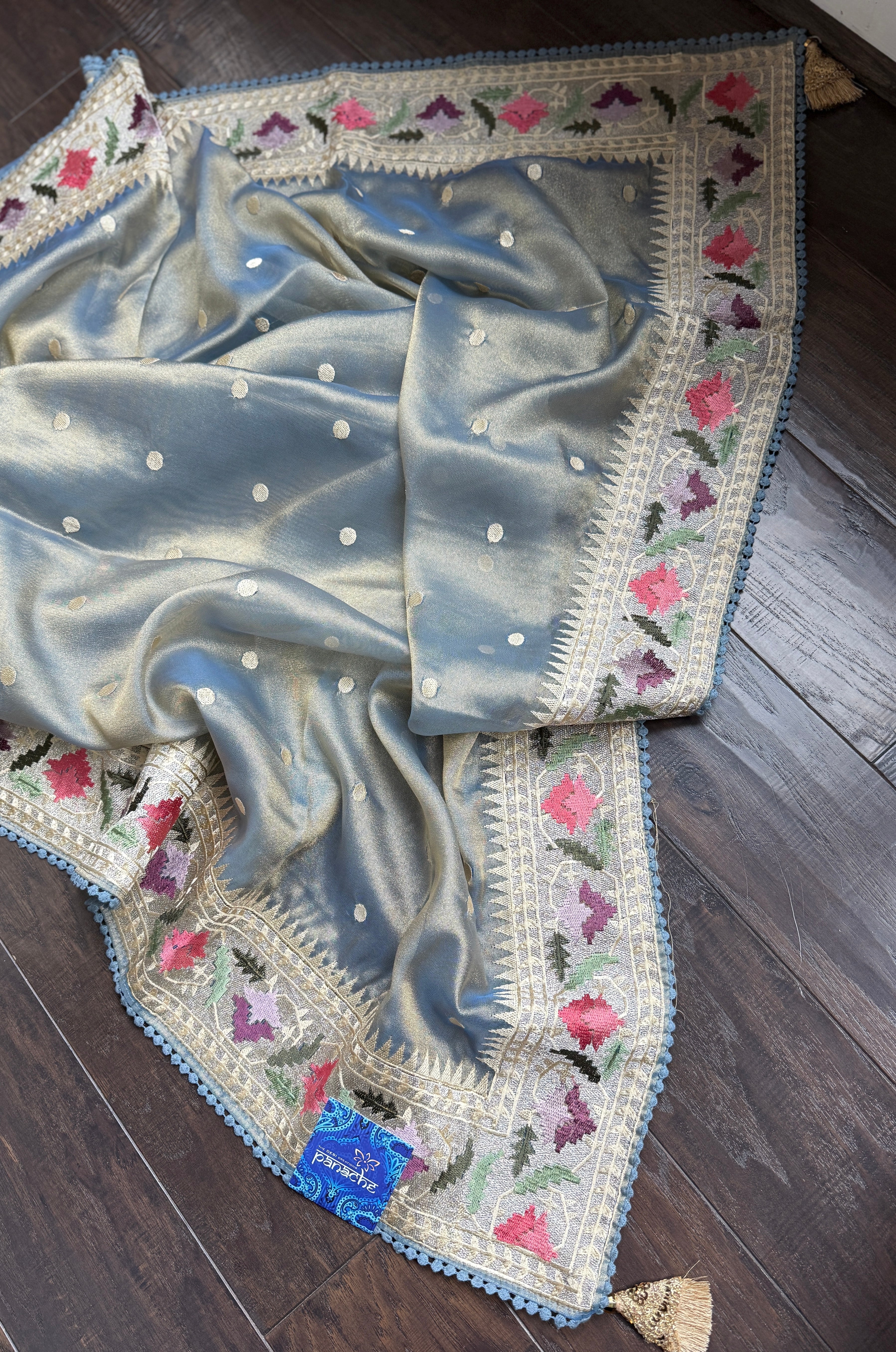 Designer Tissue Silk Paithani - Mettalic Grey Blue Embroidered