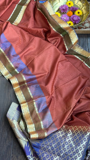 Soft Silk Kanjivaram - Rust Tanchoi Golden Zari