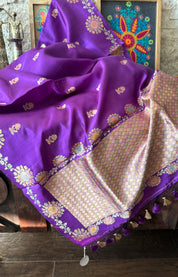 Pure Katan Silk Banarasi - Purple Hand Brush painted