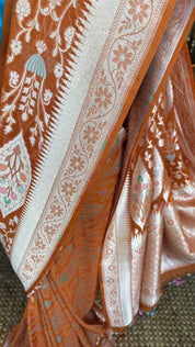 Khaddi Georgette Banarasi - Light Orange Hand Brush Painted