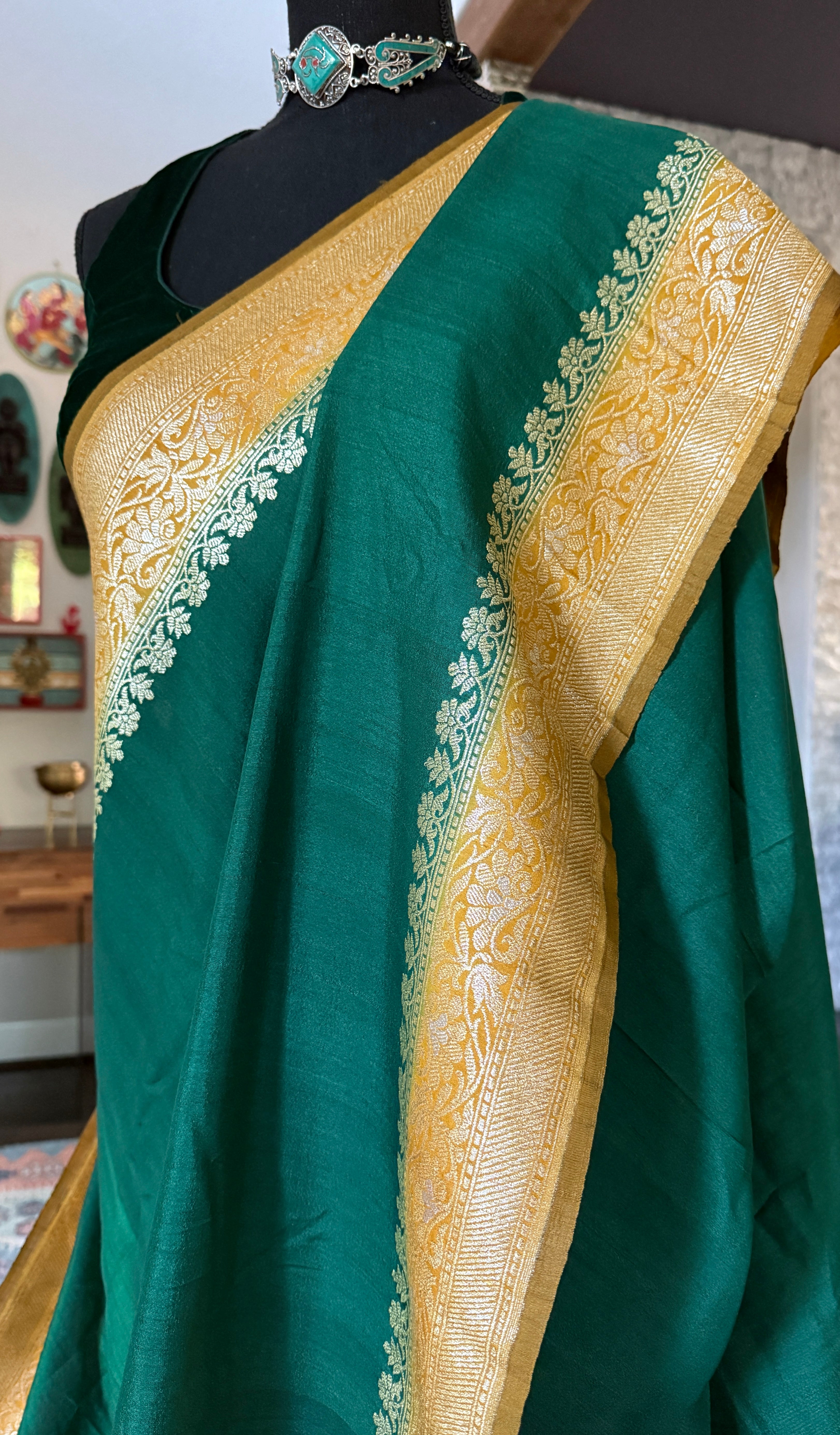 Tussar Georgette Banarasi- Navy Blue Ochre Yellow
