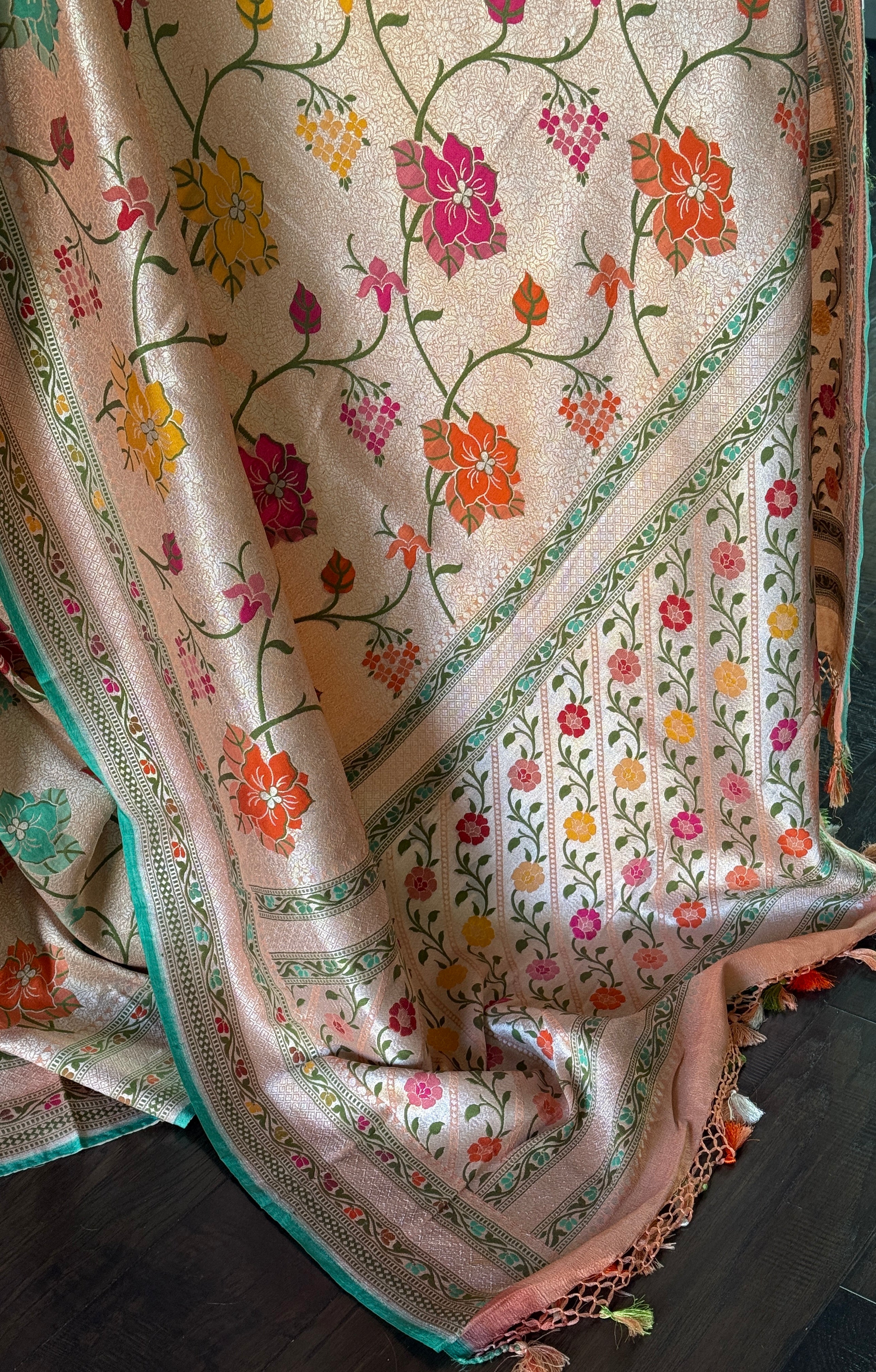 Khaddi Tussar Banarasi -  Peach Sea Meenakari