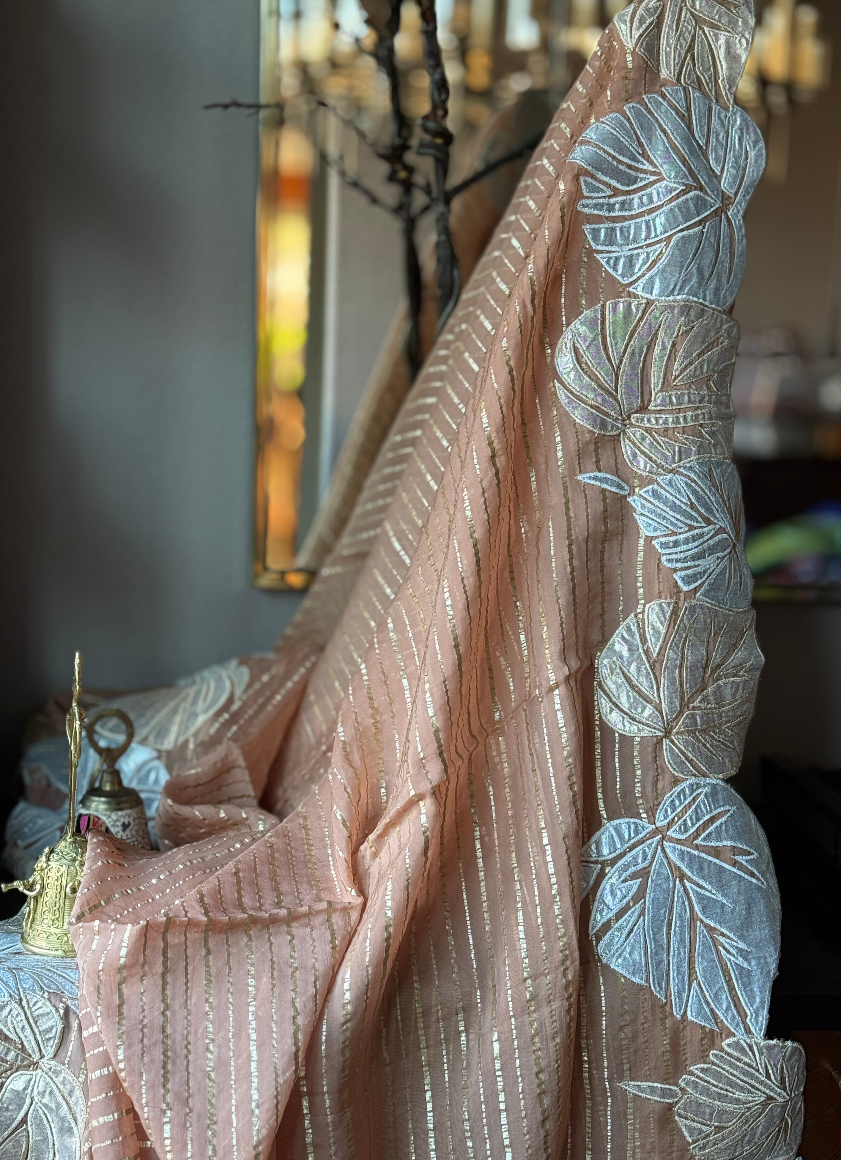 Designer Georgette Silk - Mocha Brown Appliqué Embroidered