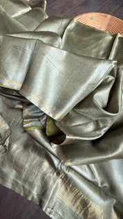 Handwoven Tussar Silk - Light Henna Green Golden Zari