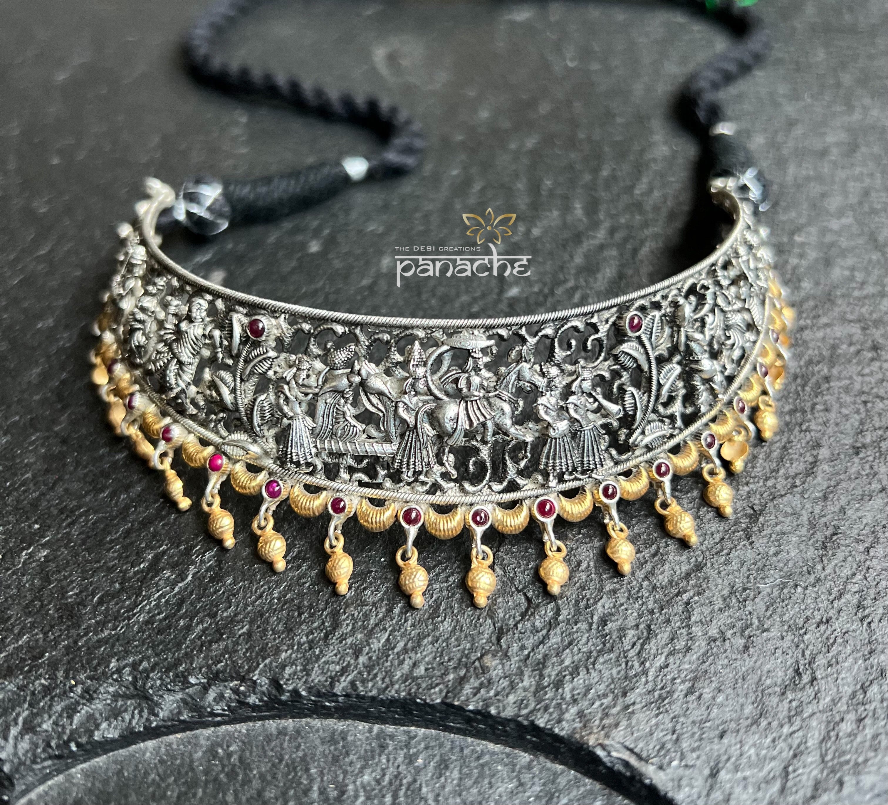 Necklace Choker 925 Silver - Dual tone Temple Stone