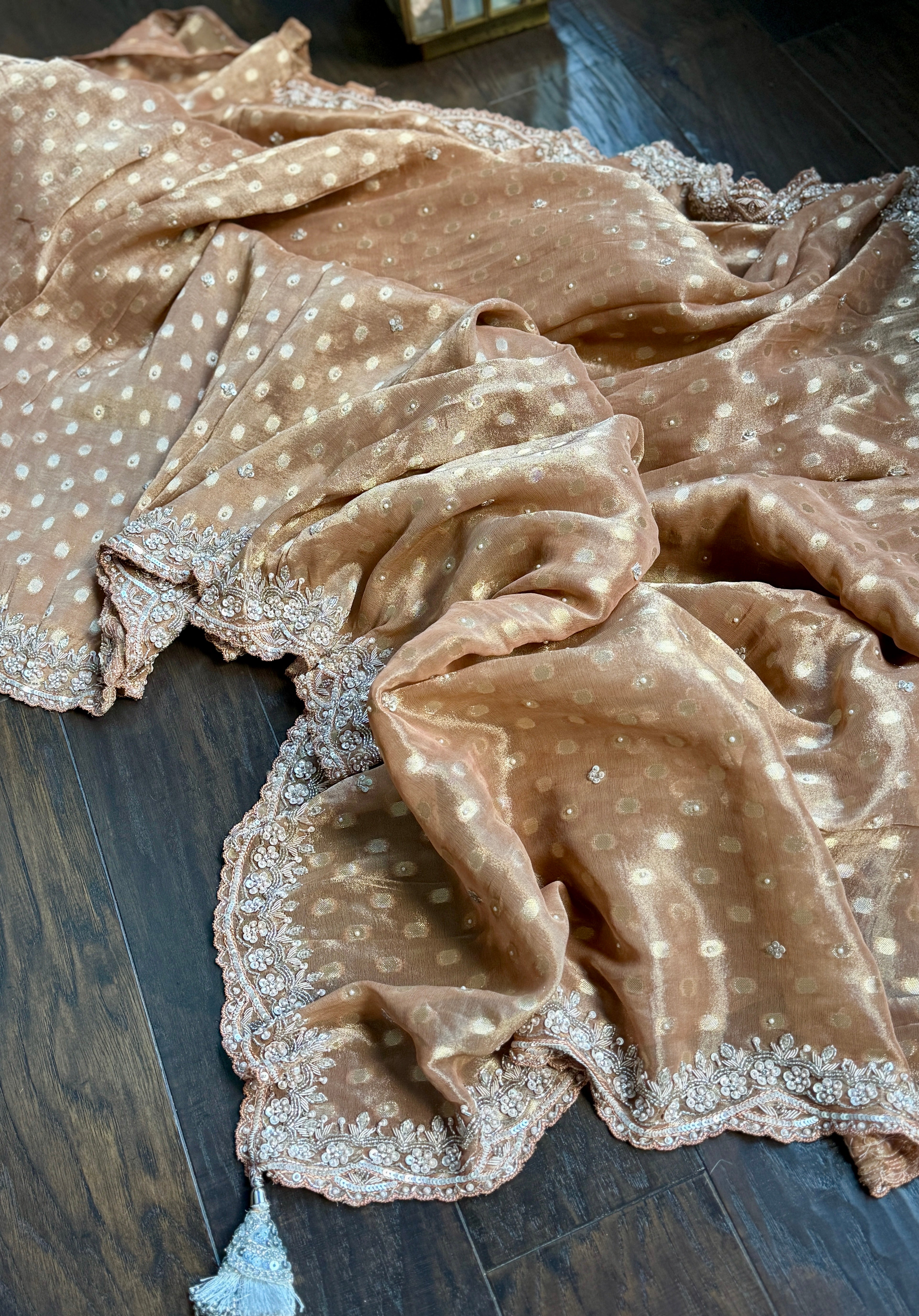 Designer Tissue Georgette - Mocha Hand Embellishment Work