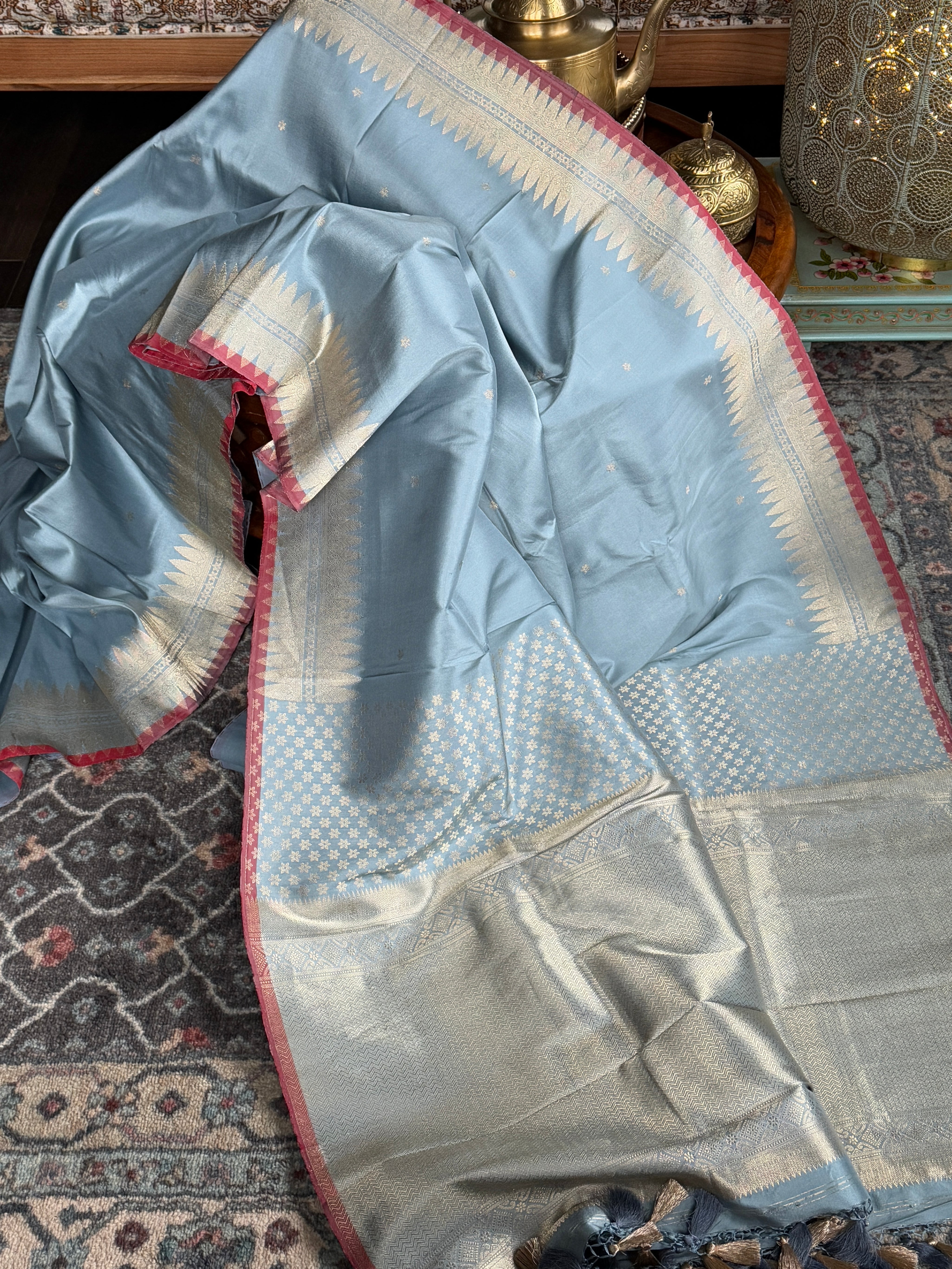 Katan Silk Banarasi - Soft Blue Grey Red Kadhua