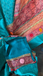 Kantha Stitch Printed Tussar Silk - Firozi Blue