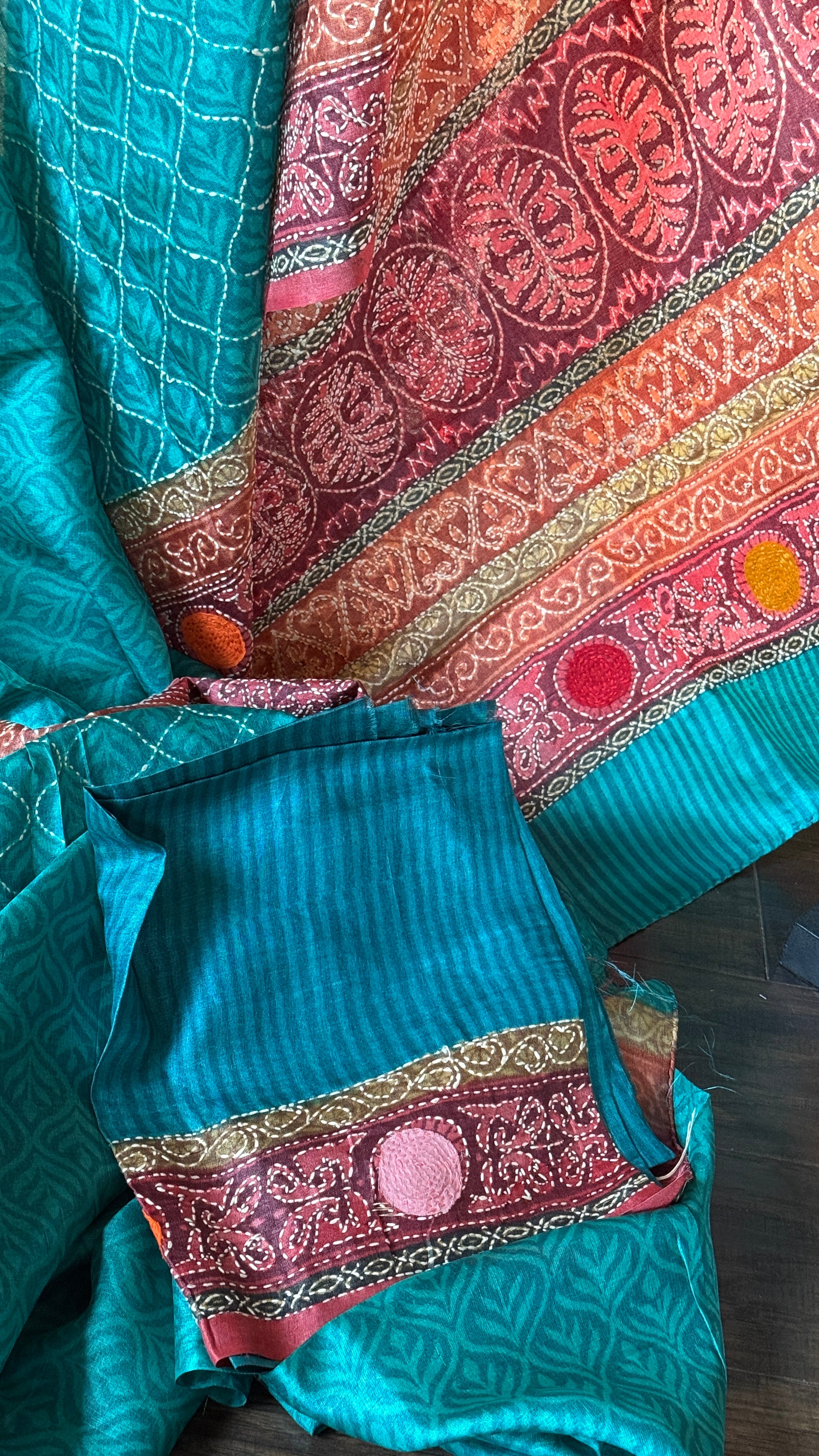 Kantha Stitch Printed Tussar Silk - Firozi Blue